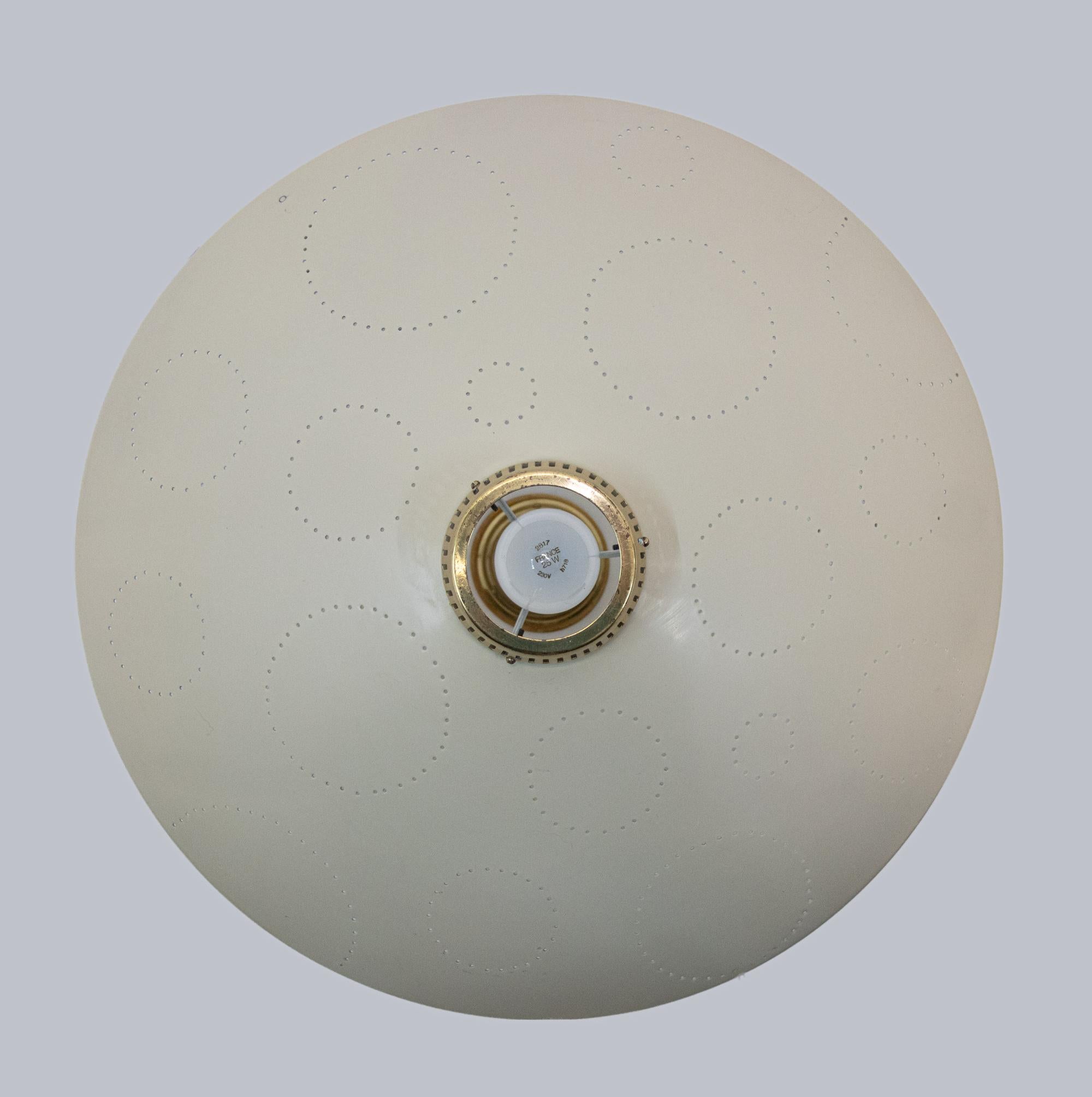 Hand-Crafted Perforated Flush Mount Ceiling Light Cream & Brass by Belmag, Switzerland 1950s For Sale