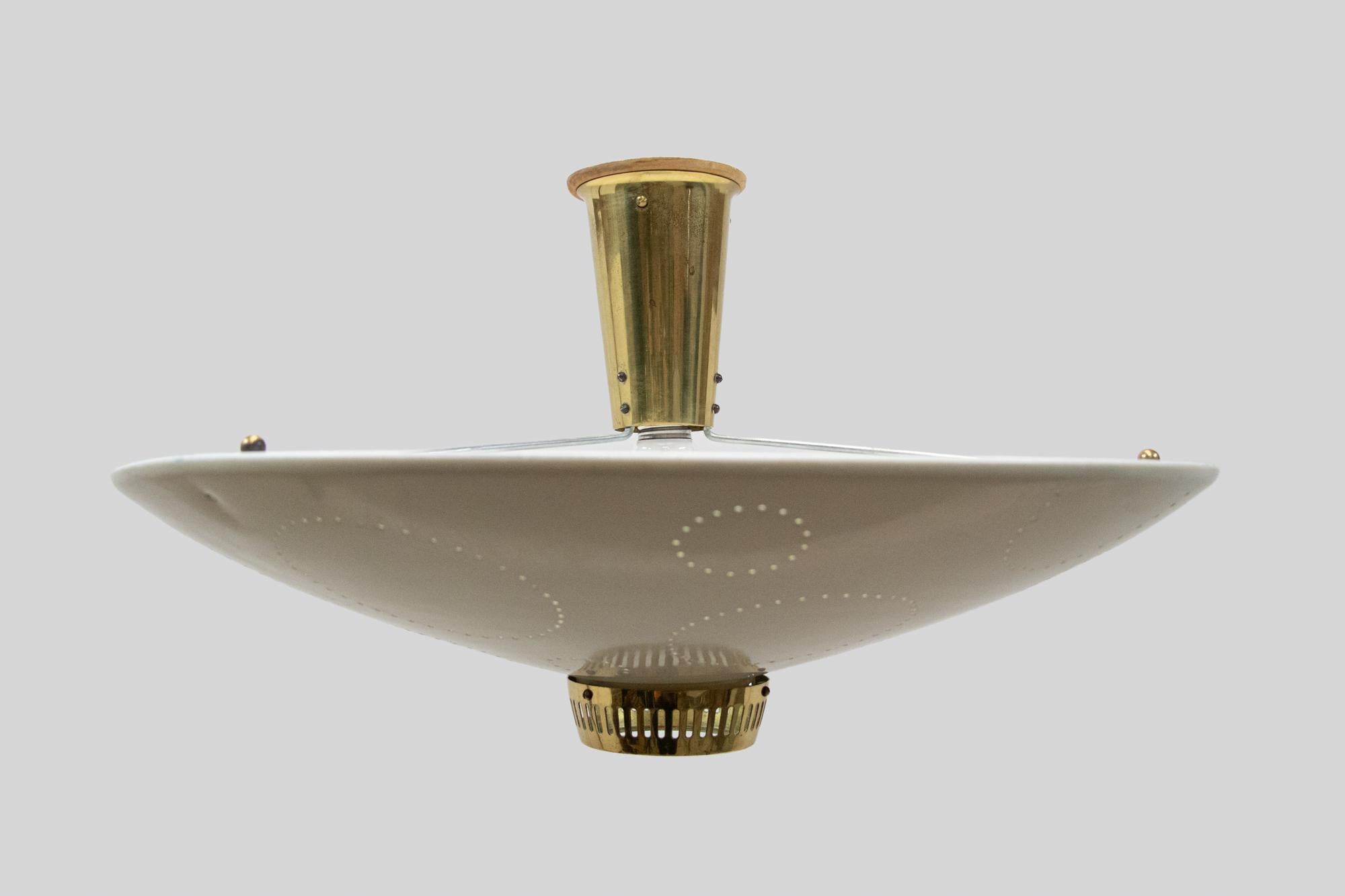 Perforated Flush Mount Ceiling Light Cream & Brass by Belmag, Switzerland 1950s In Good Condition For Sale In Niederdorfelden, Hessen