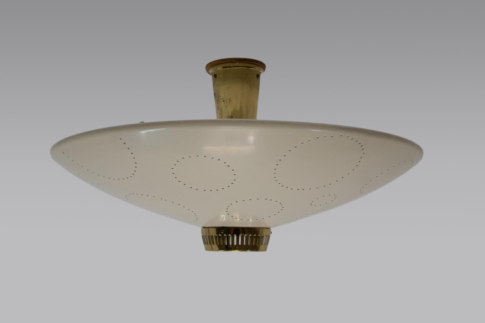 Aluminum Perforated Flush Mount Ceiling Light Cream & Brass by Belmag, Switzerland 1950s For Sale