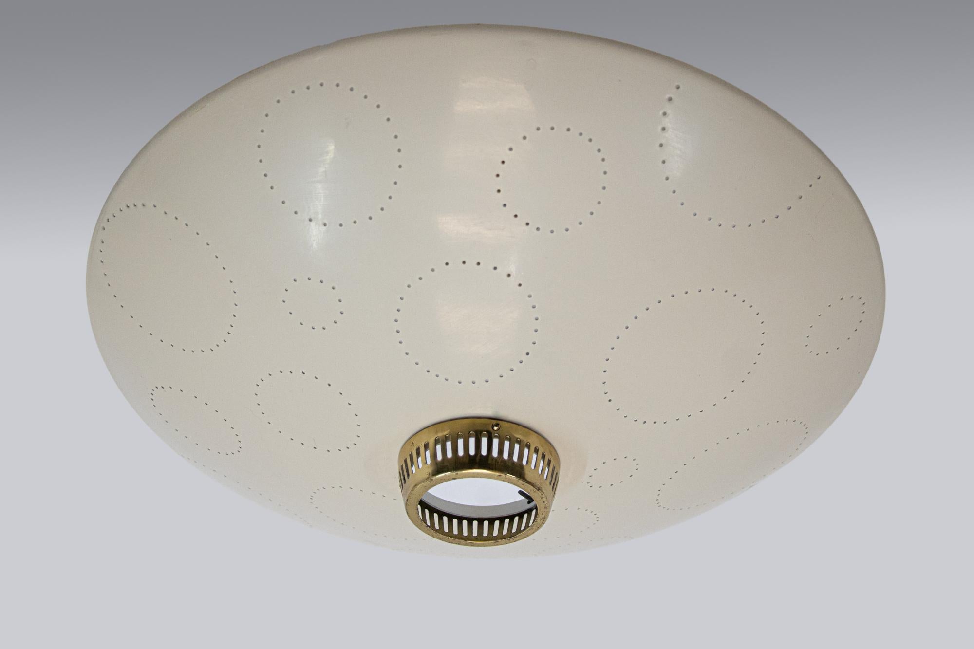 Perforated Flush Mount Ceiling Light Cream & Brass by Belmag, Switzerland 1950s For Sale 1
