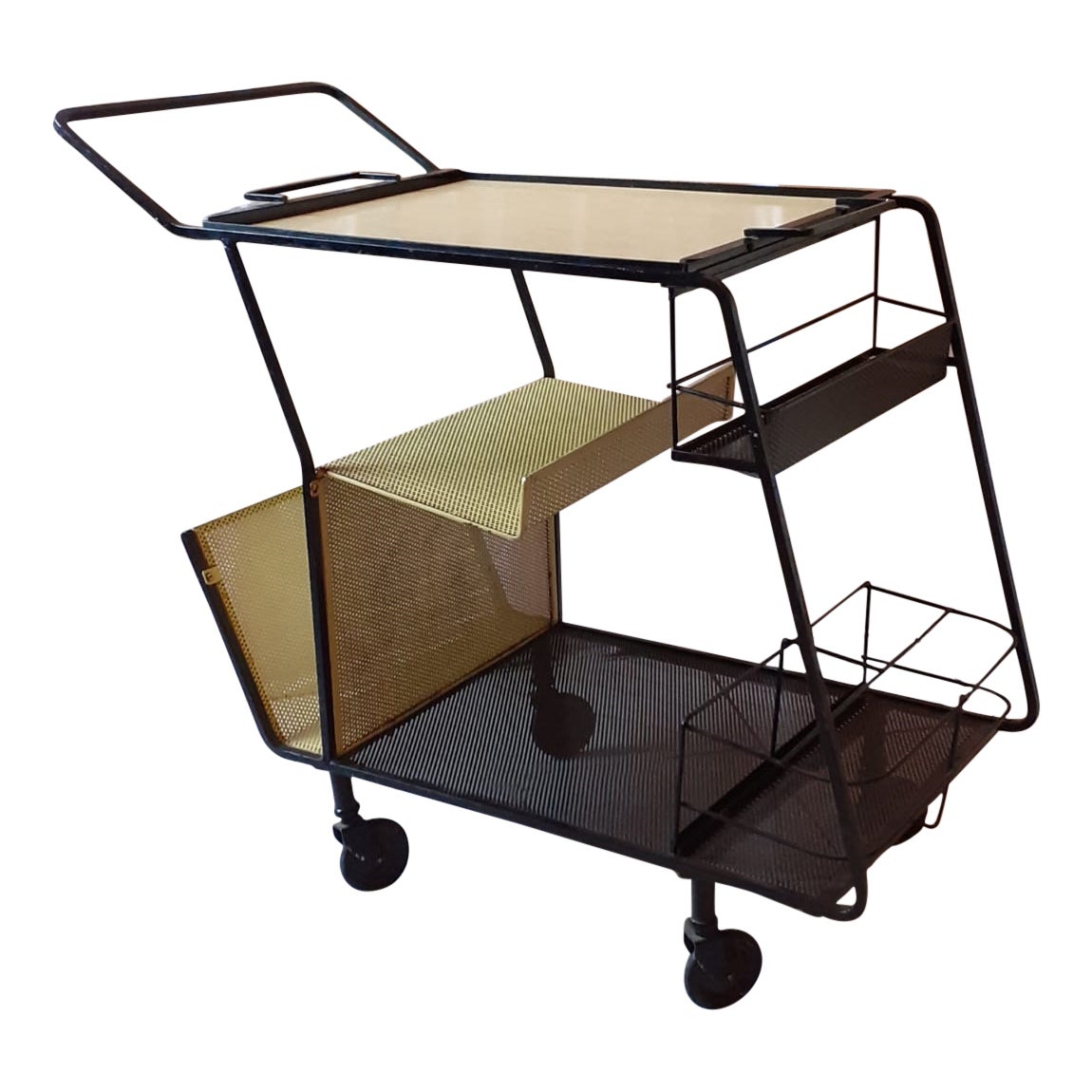 Carrello da bar in metallo traforato, stile Mathieu Mategot, anni '50