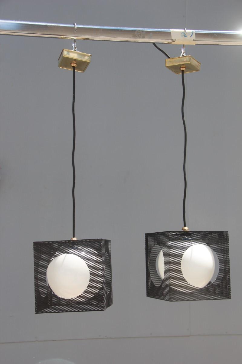 Perforated metal black white ceiling lamp mid-century Italian design 1950s brass.
1 Light Bulb E14 Max 40 Watt.