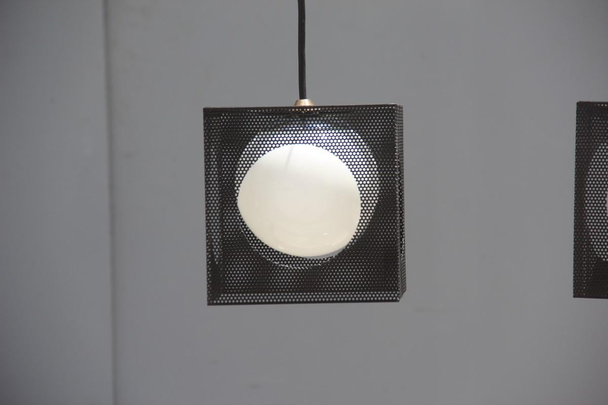 Perforated Metal Black White Ceiling Lamp Midcentury Italian Design 1950s Brass In Good Condition For Sale In Palermo, Sicily