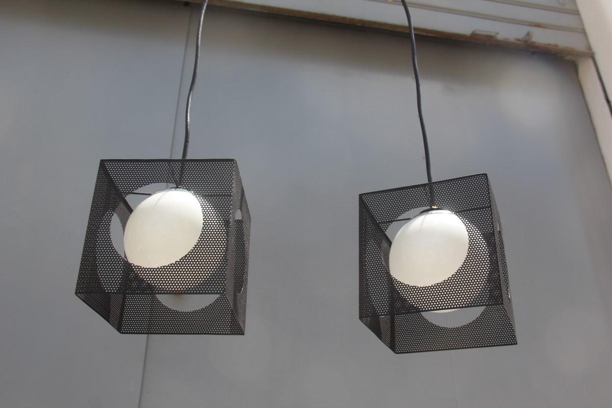 Mid-20th Century Perforated Metal Black White Ceiling Lamp Midcentury Italian Design 1950s Brass For Sale