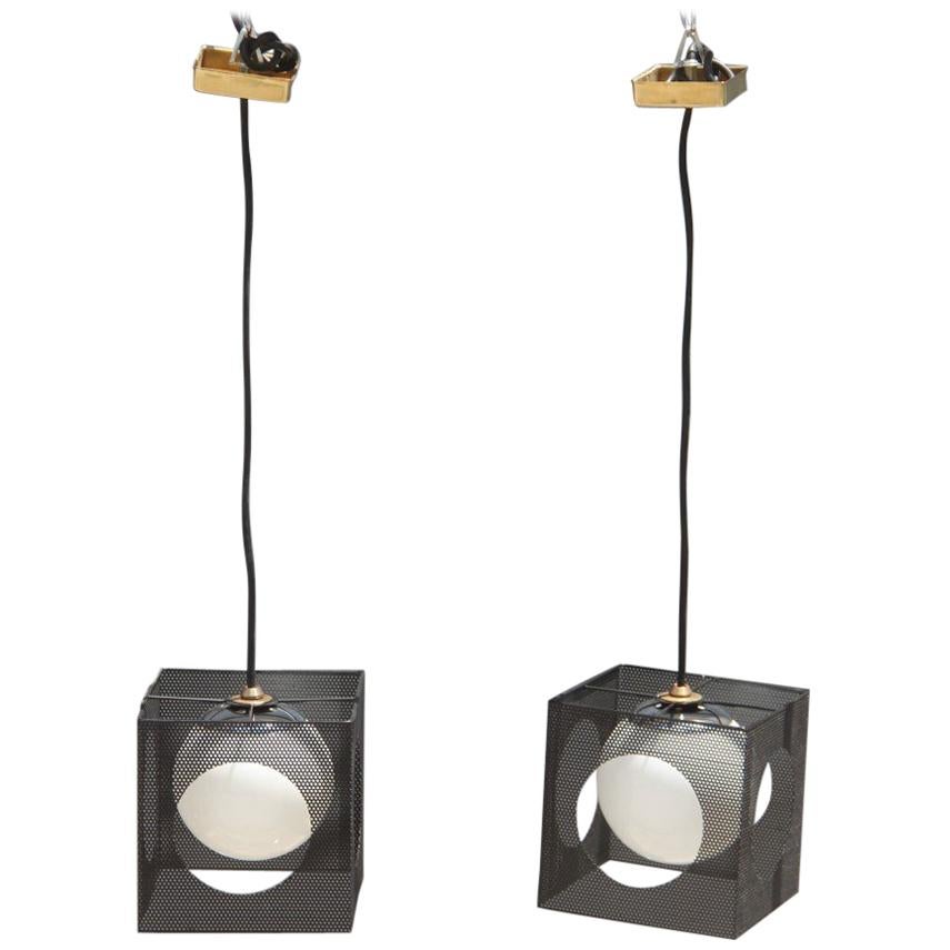 Perforated Metal Black White Ceiling Lamp Midcentury Italian Design 1950s Brass For Sale