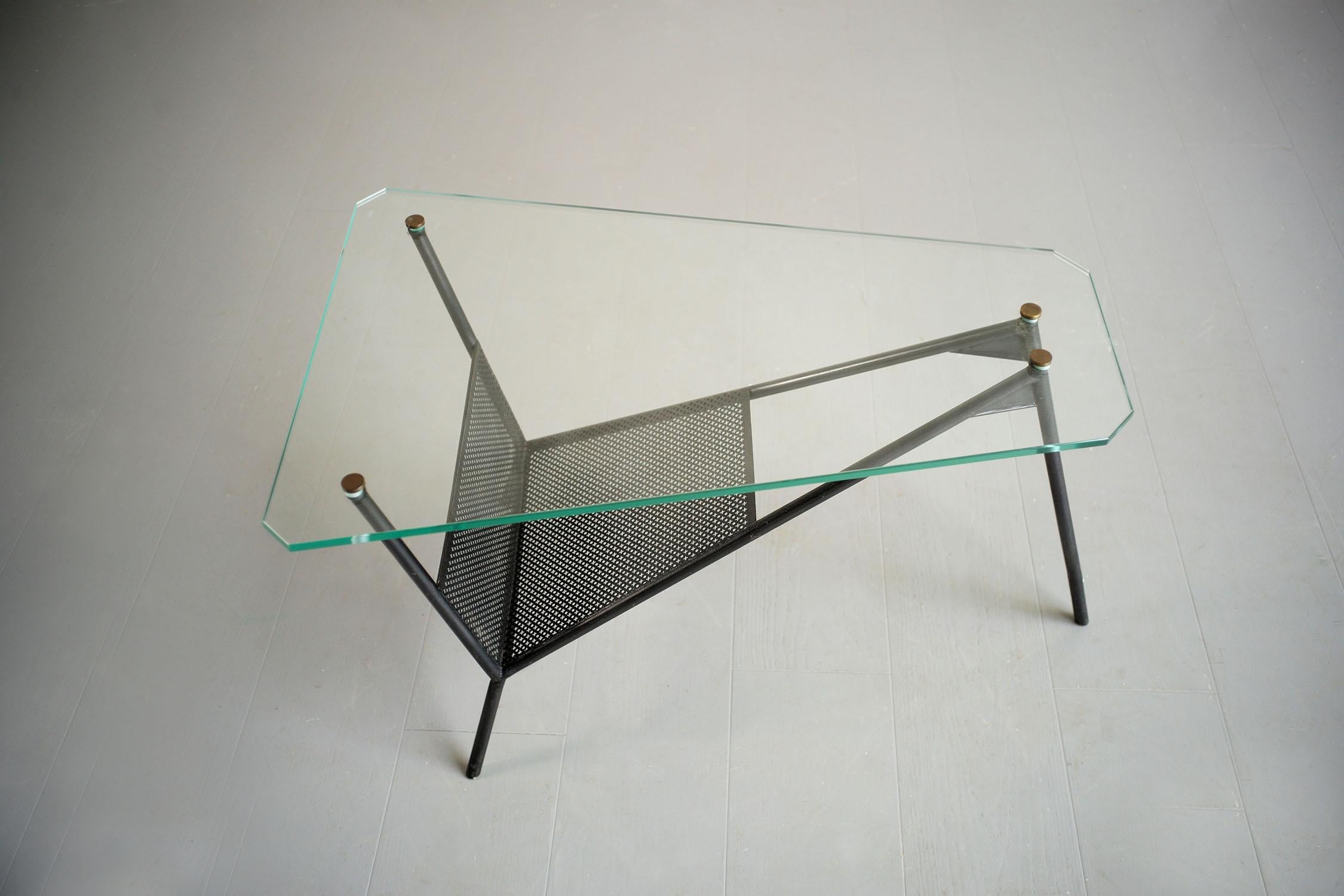 Metal Perforated metal tripod coffee table, France 1950 For Sale
