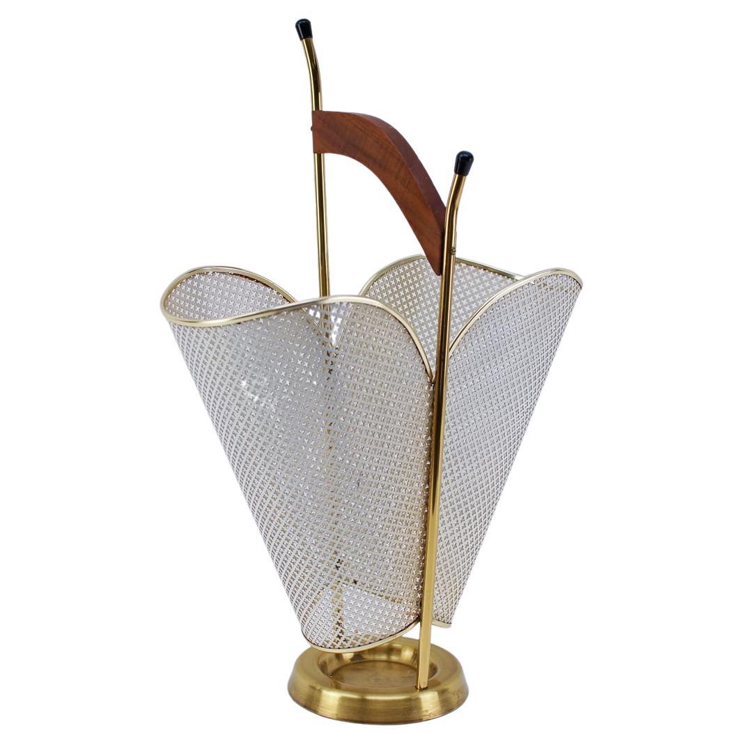 Perforated Mid-Century Modern Umbrella Stand Made in Metal Brass and Wood For Sale