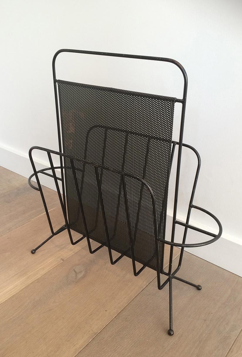 Mid-20th Century Perforated Sheet Black Lacquerd Magazine Rack, French by Mathieu Matégot For Sale