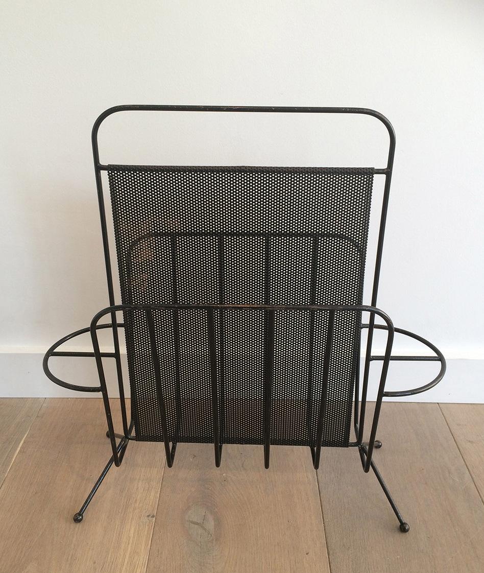 Metal Perforated Sheet Black Lacquerd Magazine Rack, French by Mathieu Matégot For Sale