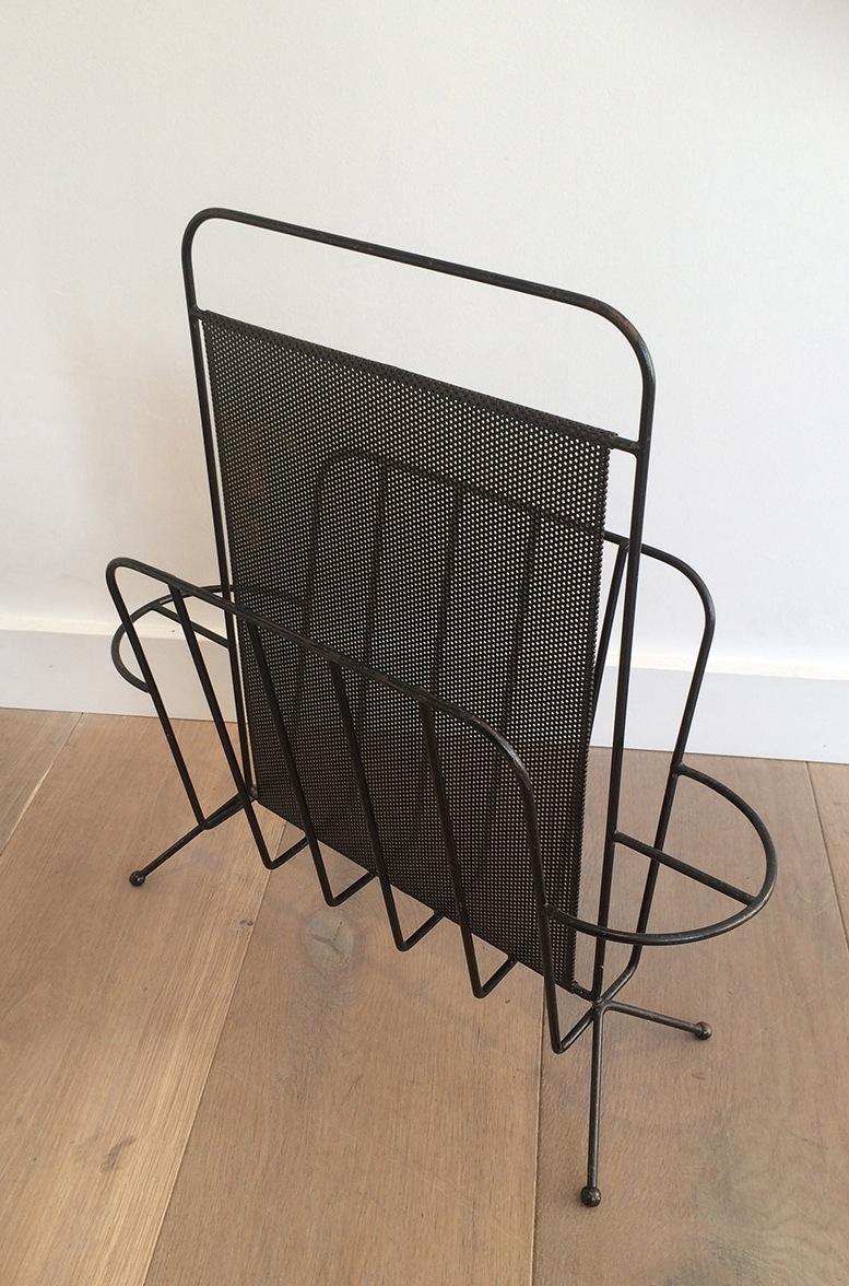 Perforated Sheet Black Lacquerd Magazine Rack, French by Mathieu Matégot For Sale 1