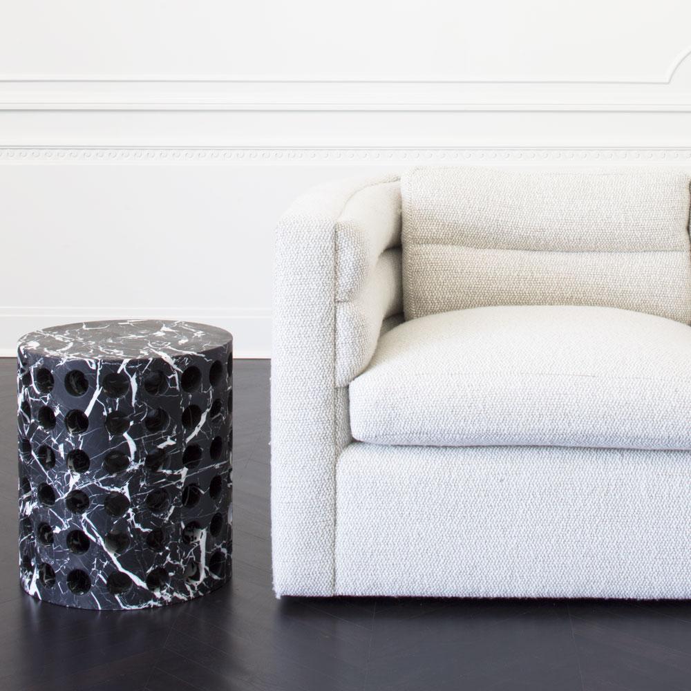 Kelly Wearstler Perforated Nero Marquina Marble Side Table In New Condition For Sale In West Hollywood, CA