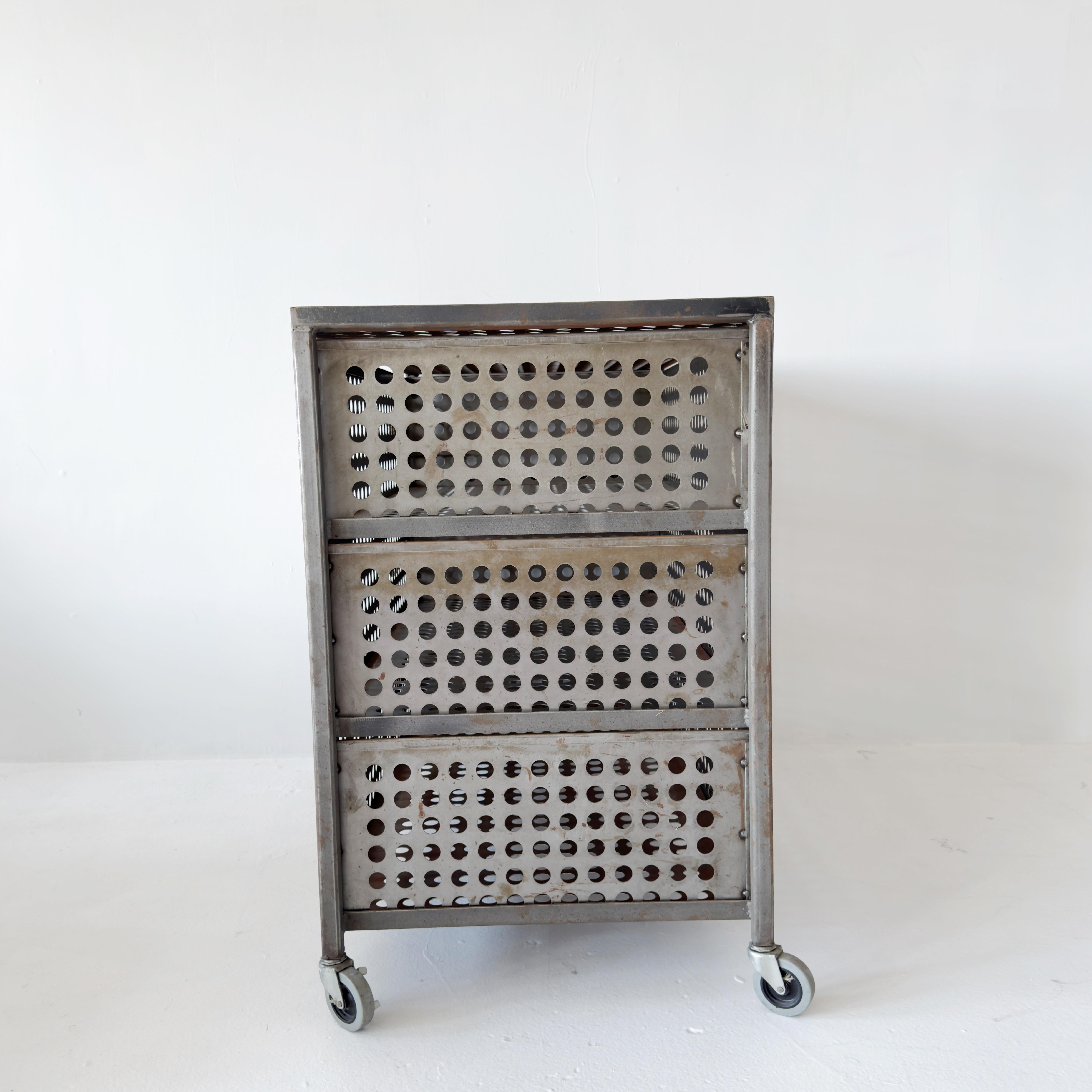 Hand-Crafted Perforated Steel Industrial Three-Drawer Dresser on Casters