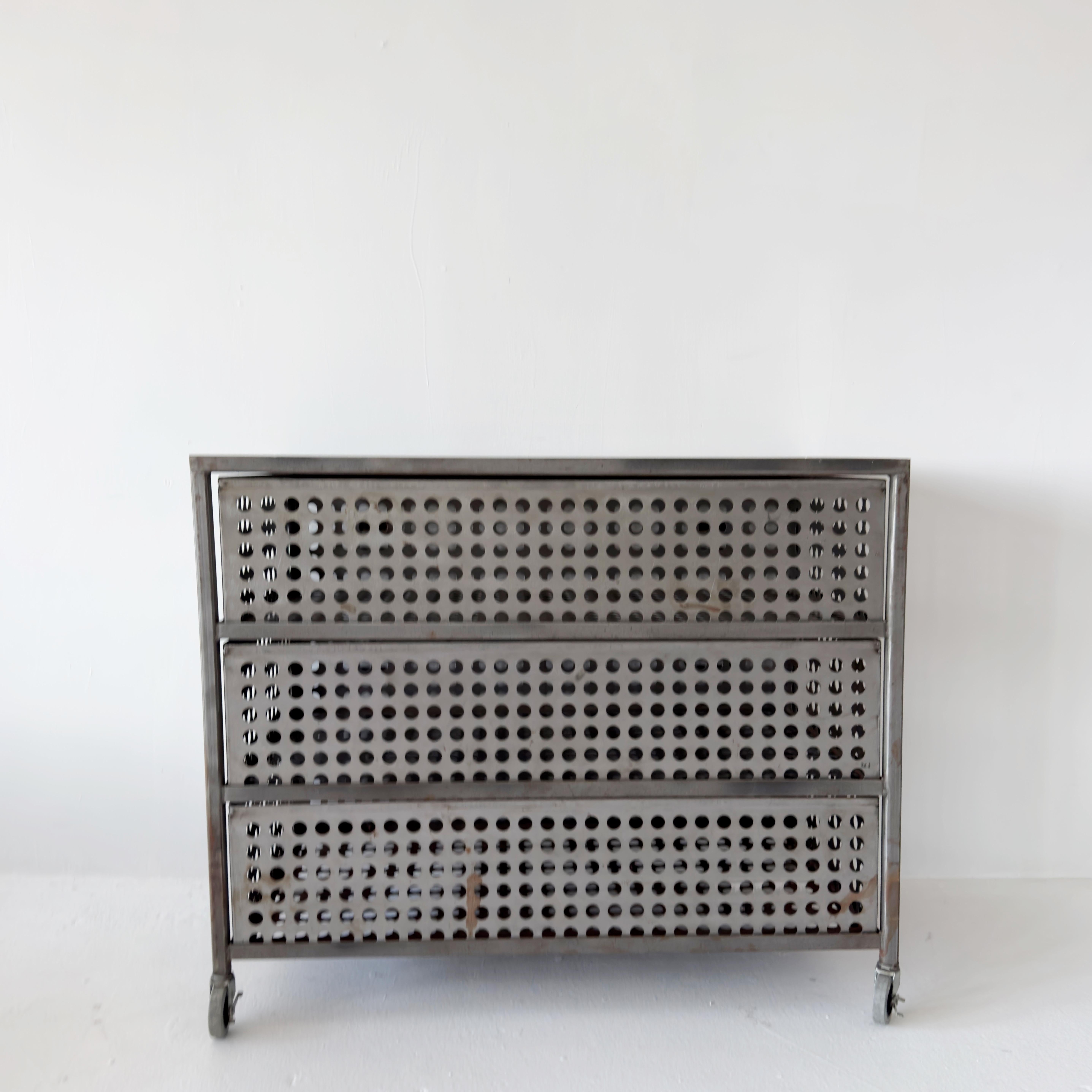 Perforated Steel Industrial Three-Drawer Dresser on Casters In Good Condition In Los Angeles, CA