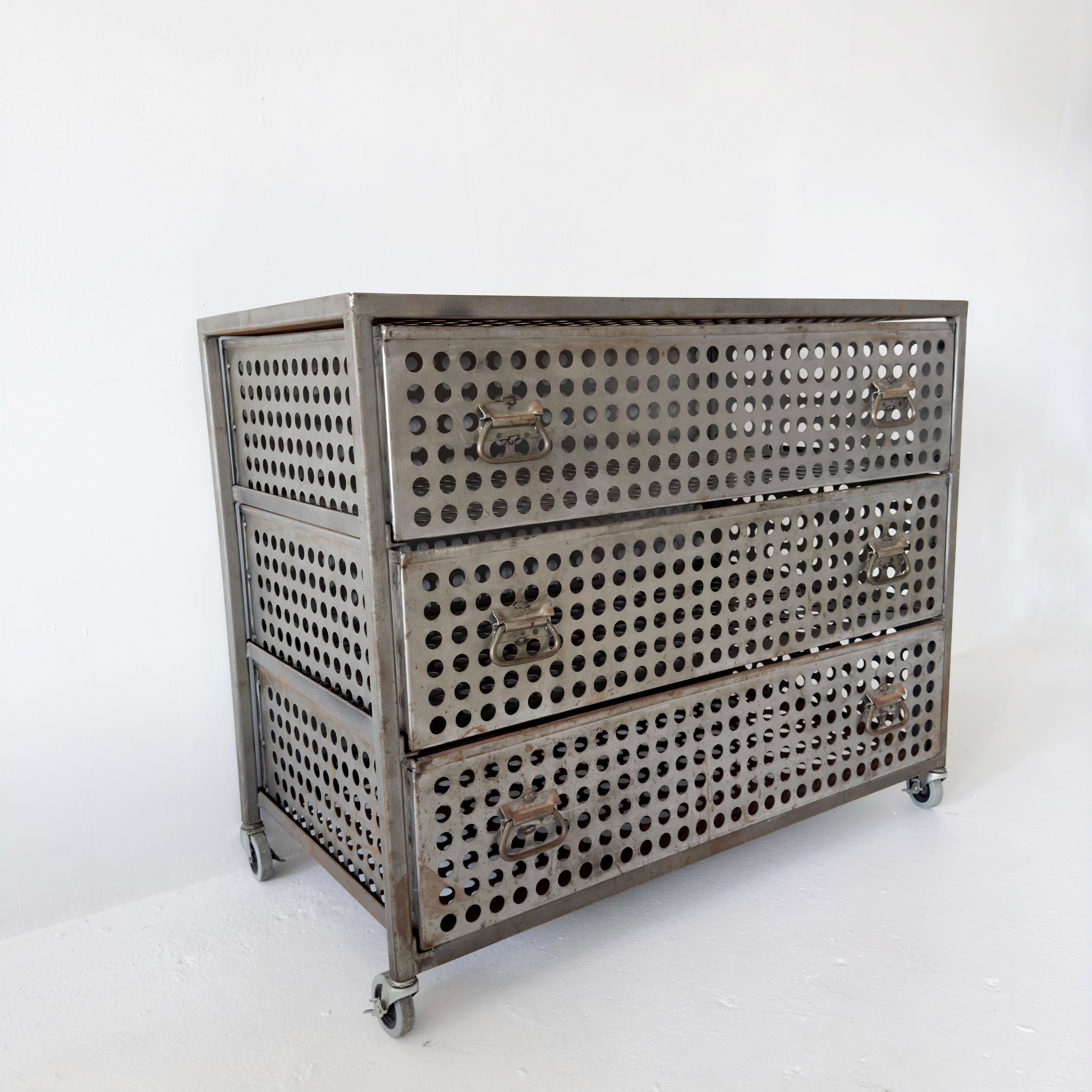 Contemporary Perforated Steel Industrial Three-Drawer Dresser on Casters