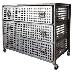 Perforated Steel Industrial Three-Drawer Dresser on Casters