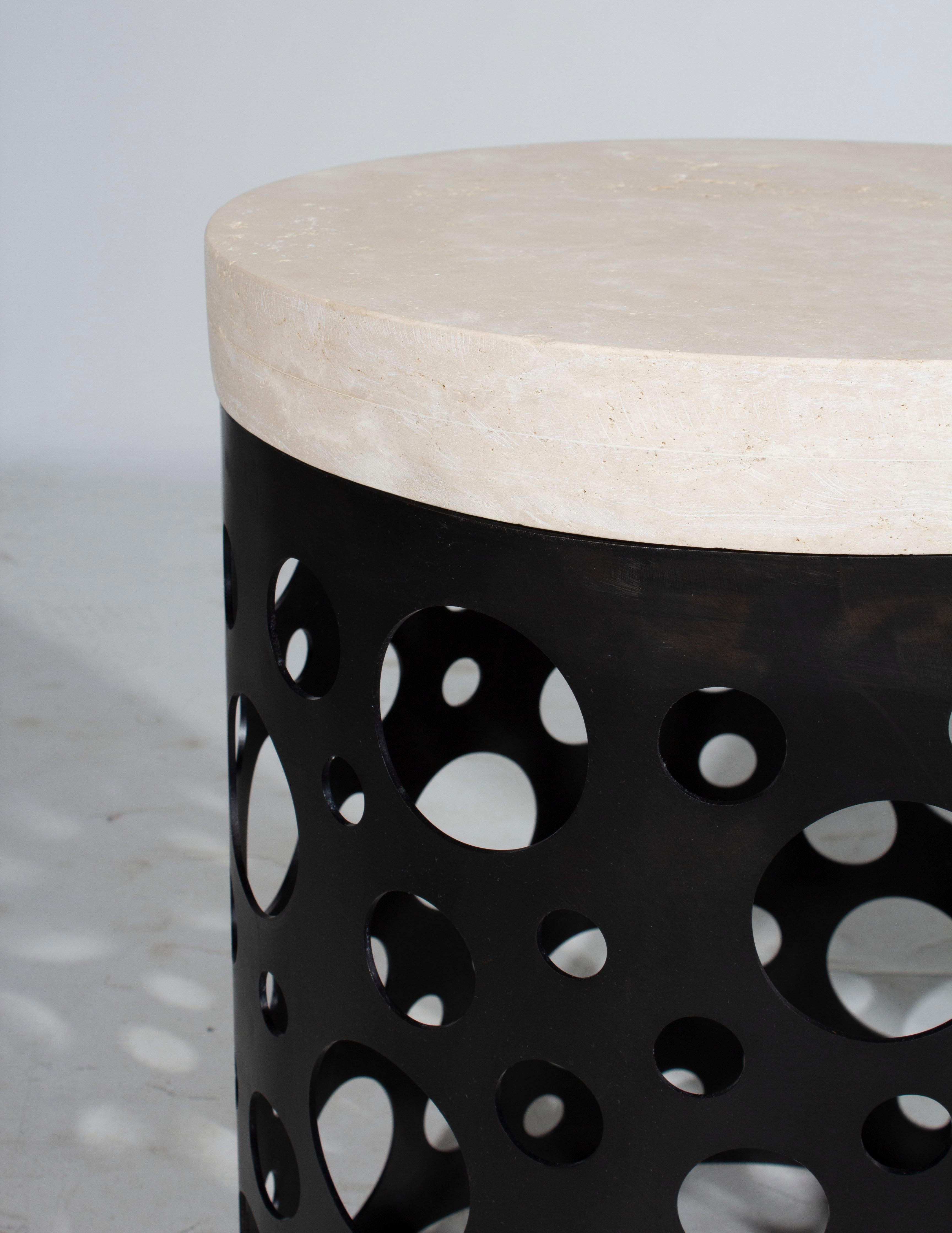 Organic Modern Perforated Steel Side Tables with Travertine Stone Top