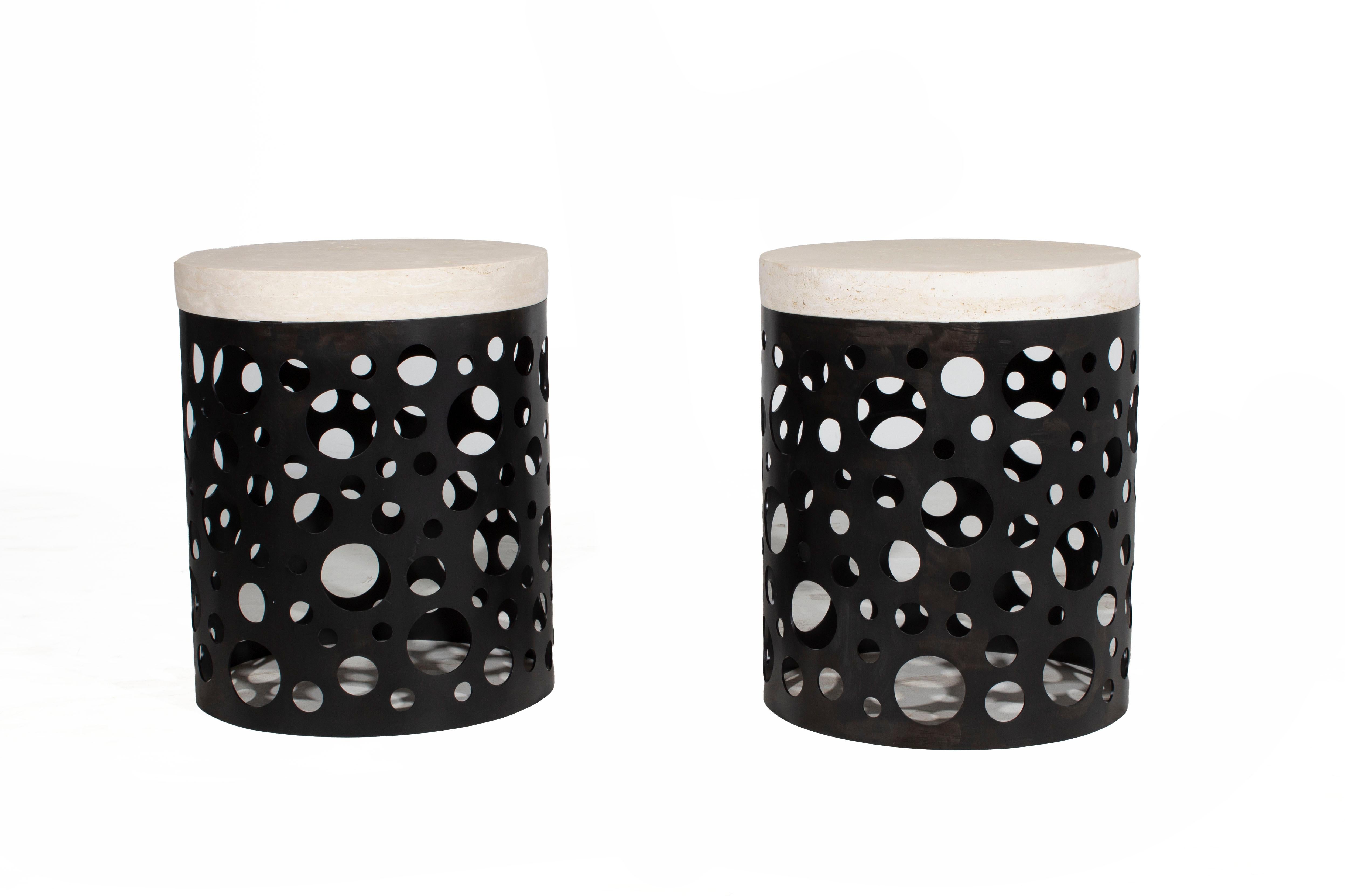 Perforated Steel Side Tables with Travertine Stone Top In New Condition In Dallas, TX