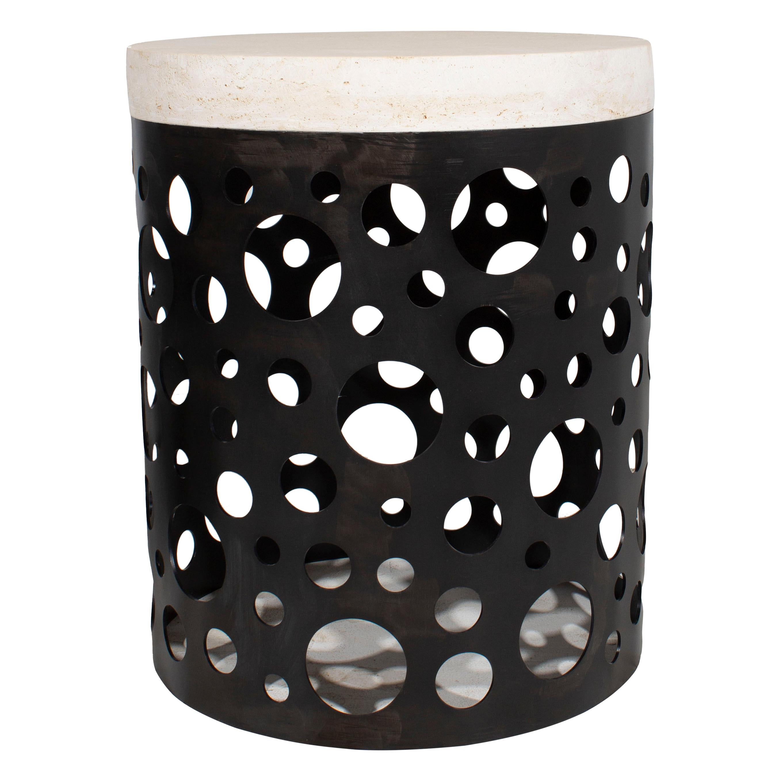 Perforated Steel Side Tables with Travertine Stone Top