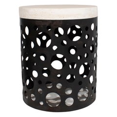 Perforated Steel Side Tables with Travertine Stone Top
