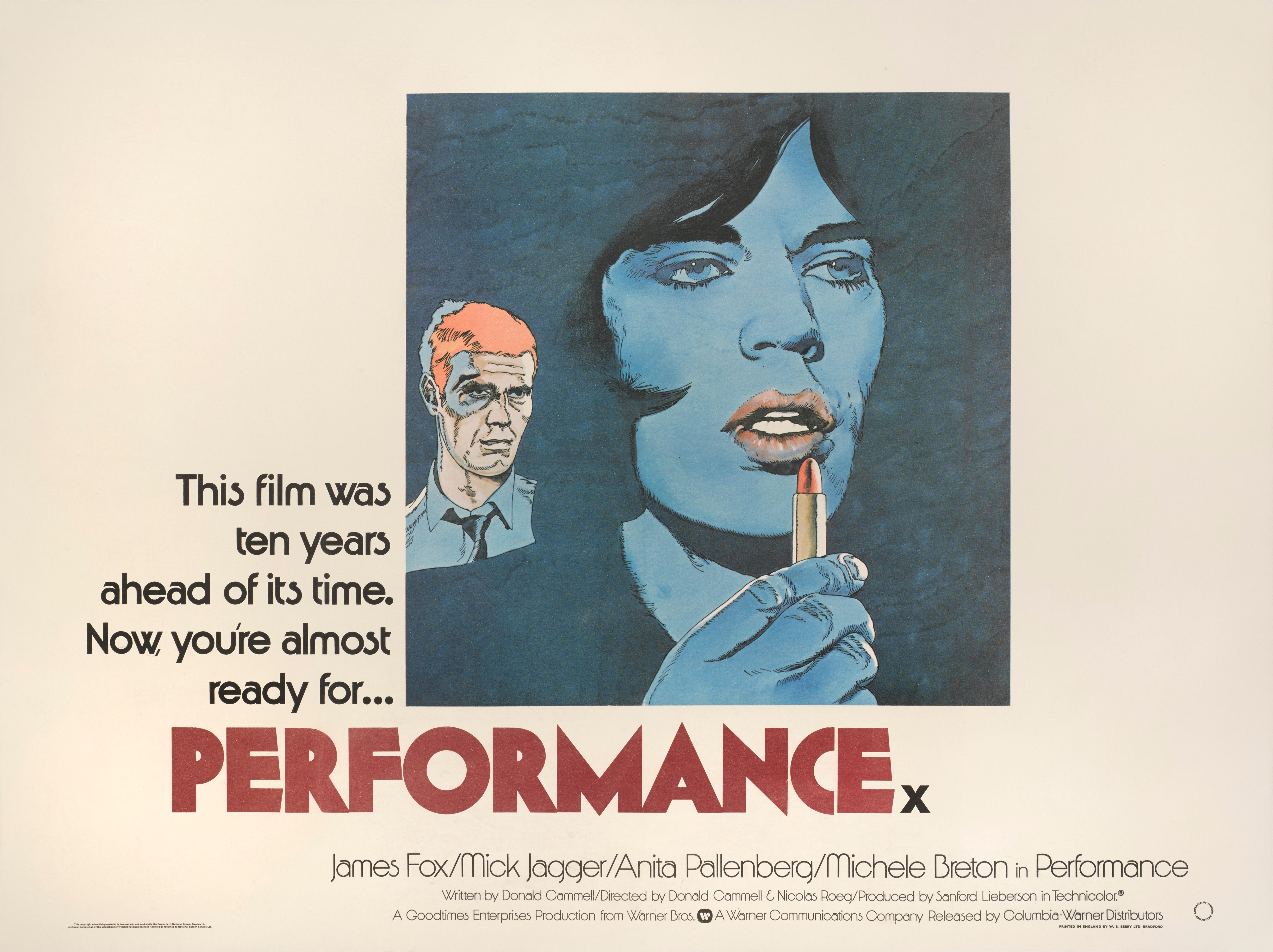 Original British film poster for Performance 1971.
This film starred James Fox and  Mick Jagger and was directed by Donald Cammell and Nicolas Roeg. This poster was created for the films re-release in 1978 and fetures the very best art work on any
