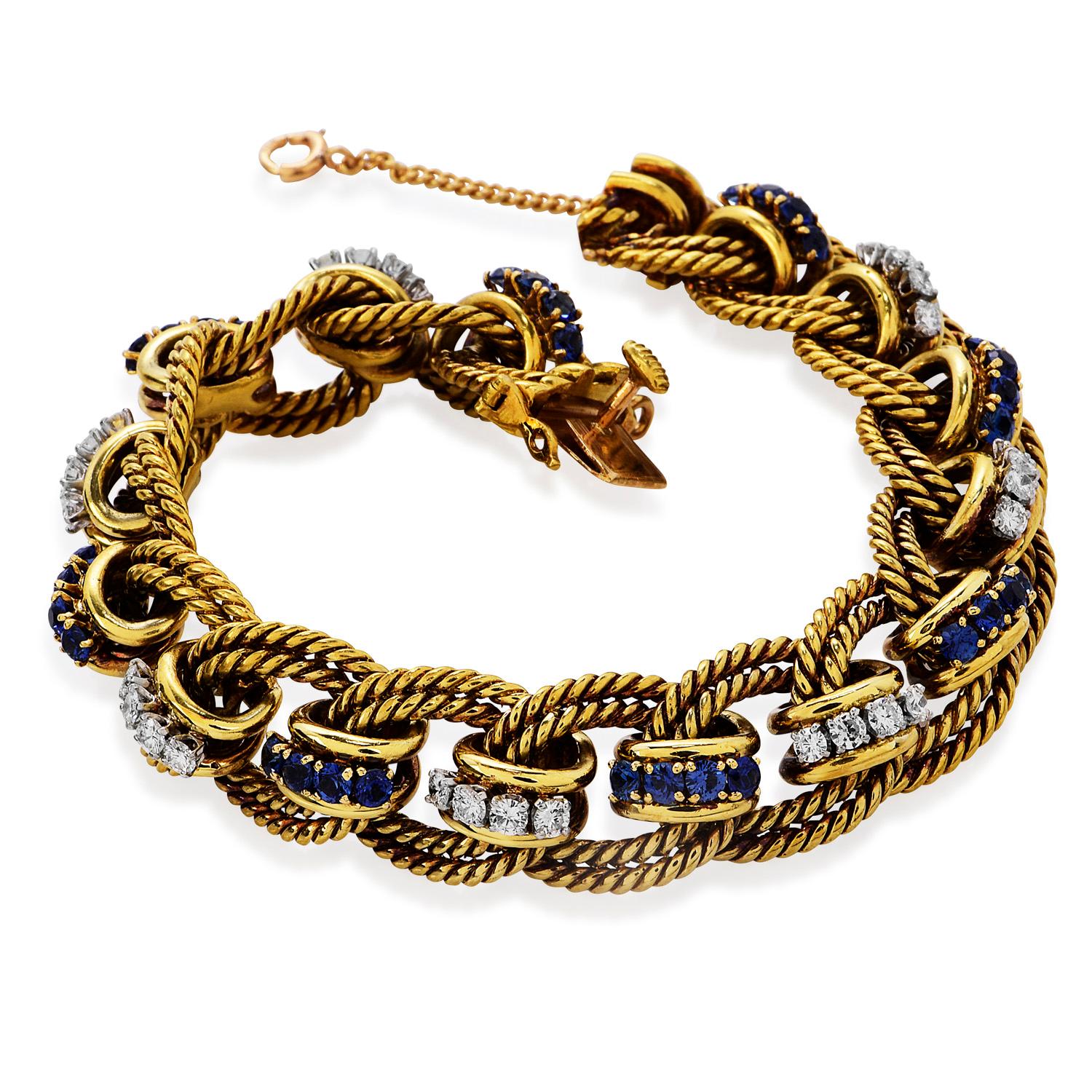 Performance Part Diamond Sapphire 18K Gold Vintage Links Bracelet

Bring a Dash of Ocean Blue to your life with this Vintage Late 1950s

Performance Part company made jewelry for big jewelry houses like Tiffany, Cartier and VCA. This Diamond & Blue