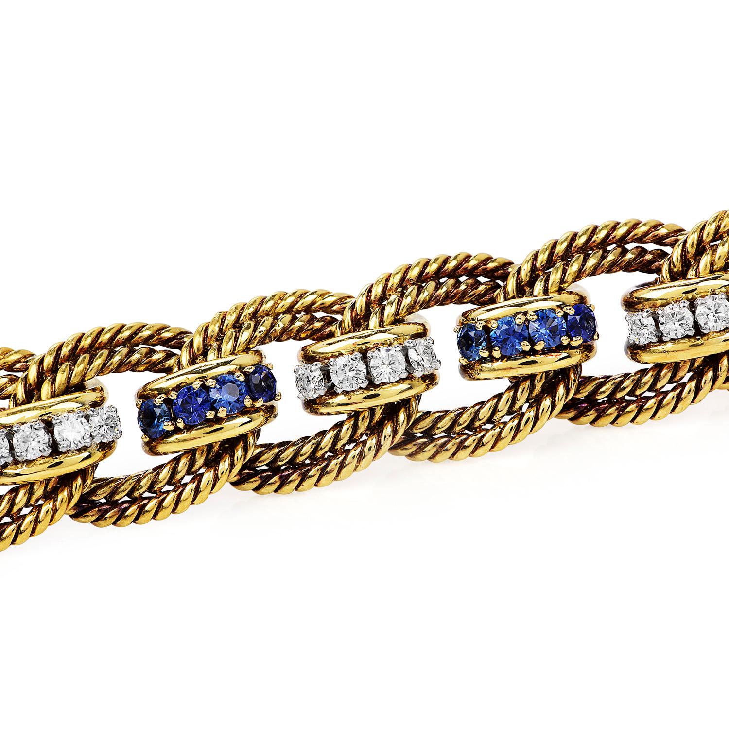 Round Cut Performance Part Designer Diamond Sapphire 18K Gold Vintage Links Bracelet