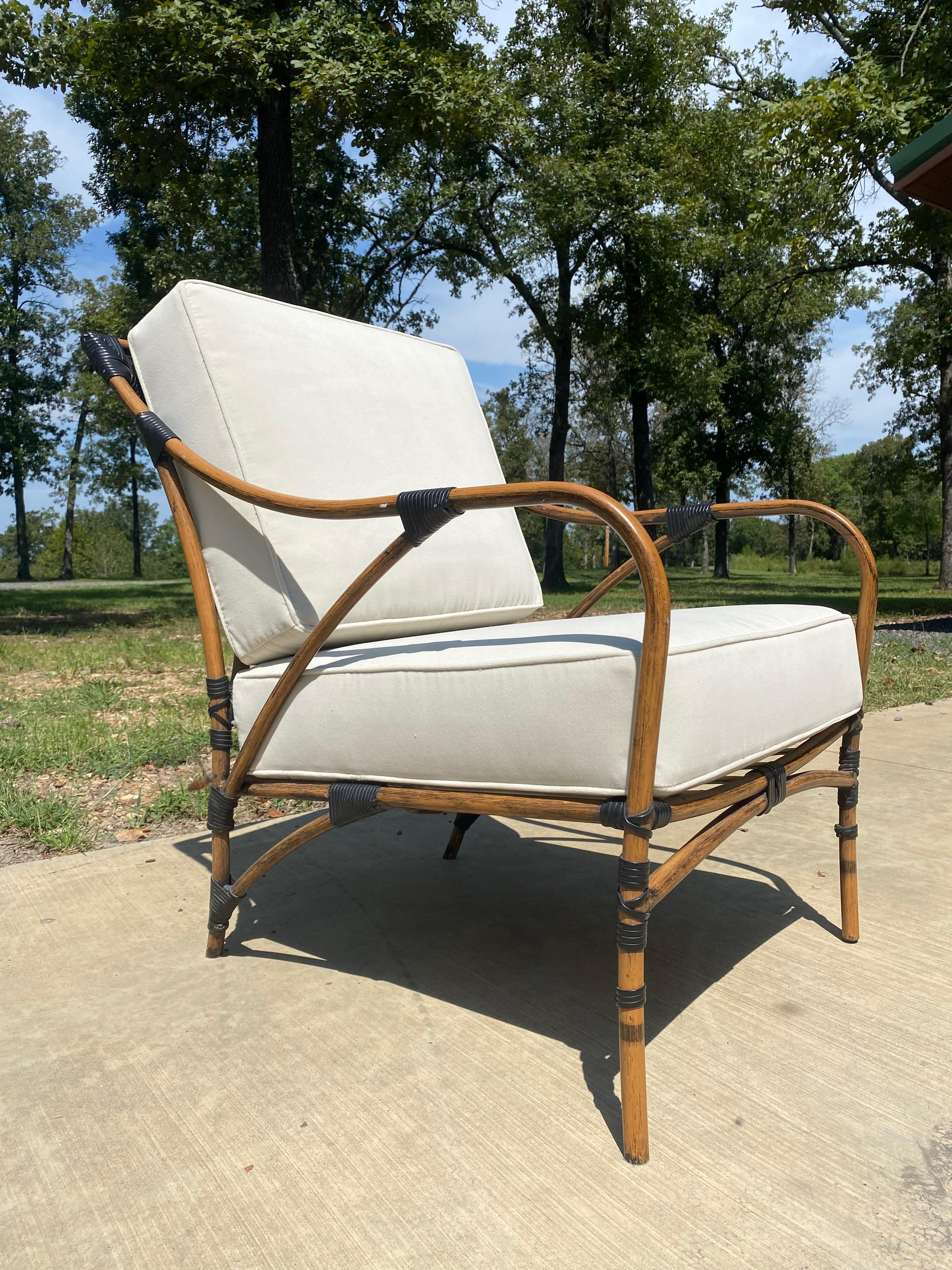 Honduran Performance Velvet Metal Faux Bamboo Lounge Chairs, A Pair For Sale