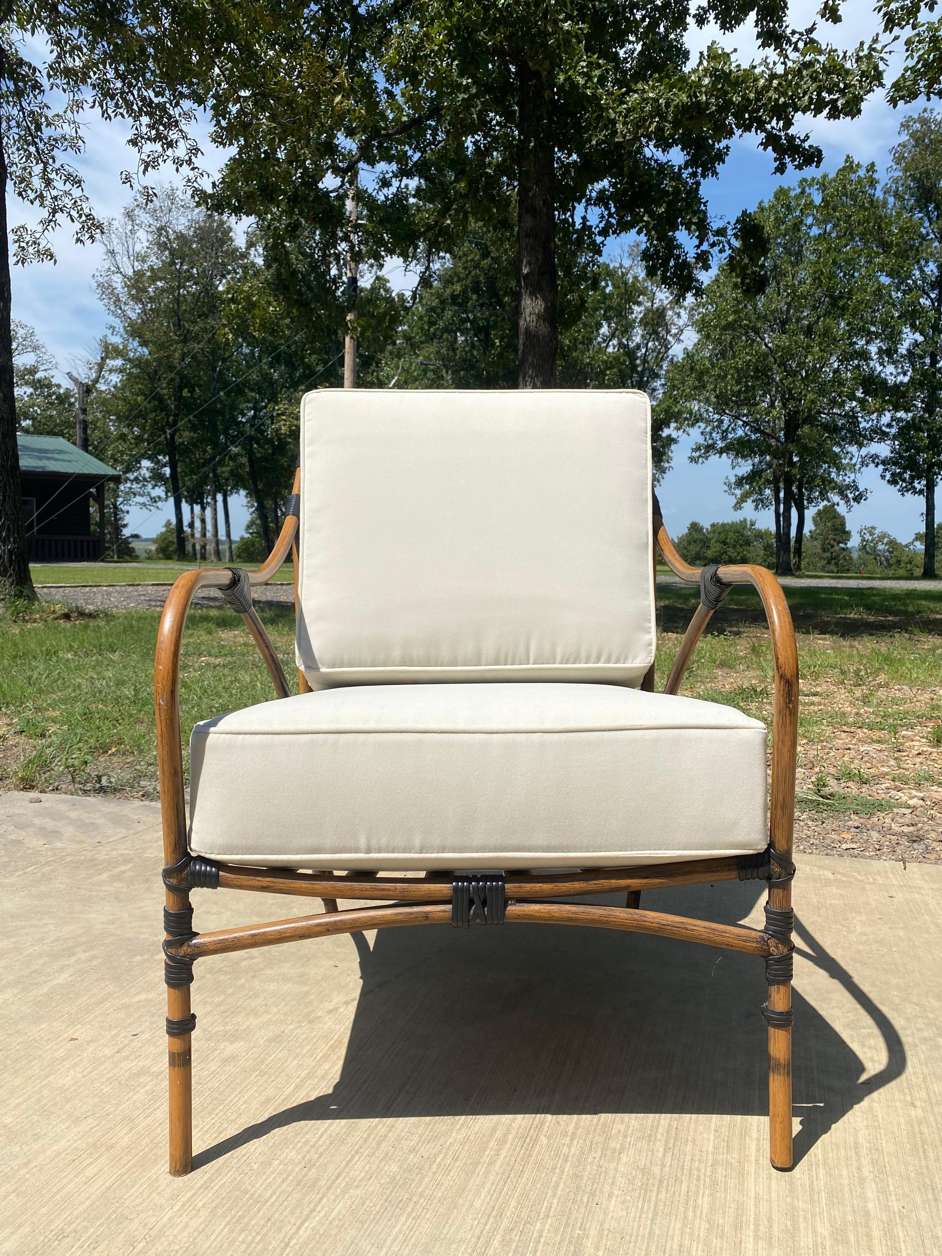 Performance Velvet Metal Faux Bamboo Lounge Chairs, A Pair For Sale 1