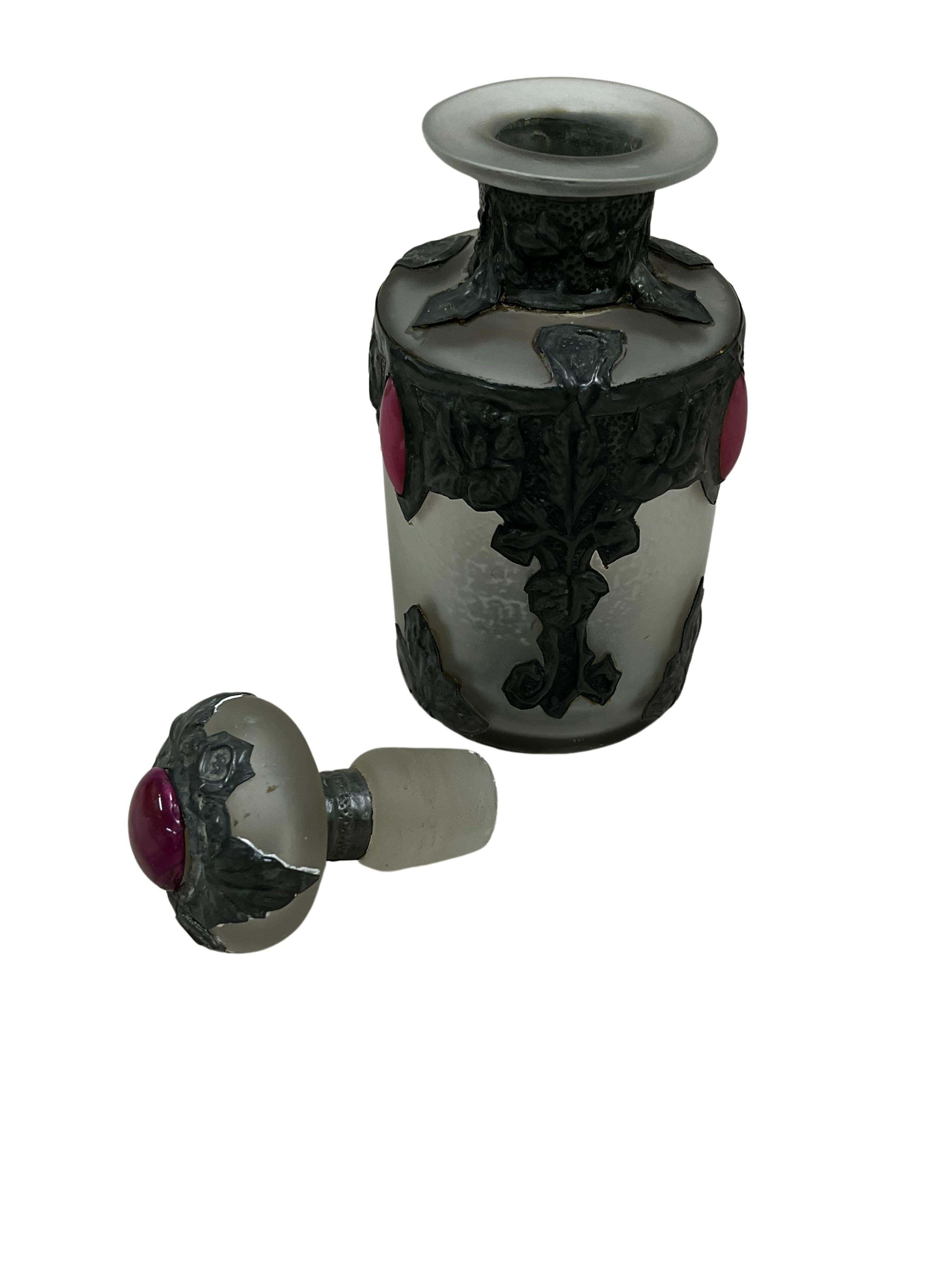 French Perfume bottle, flacon, frosted glass metal mounting, signed, 1910, France