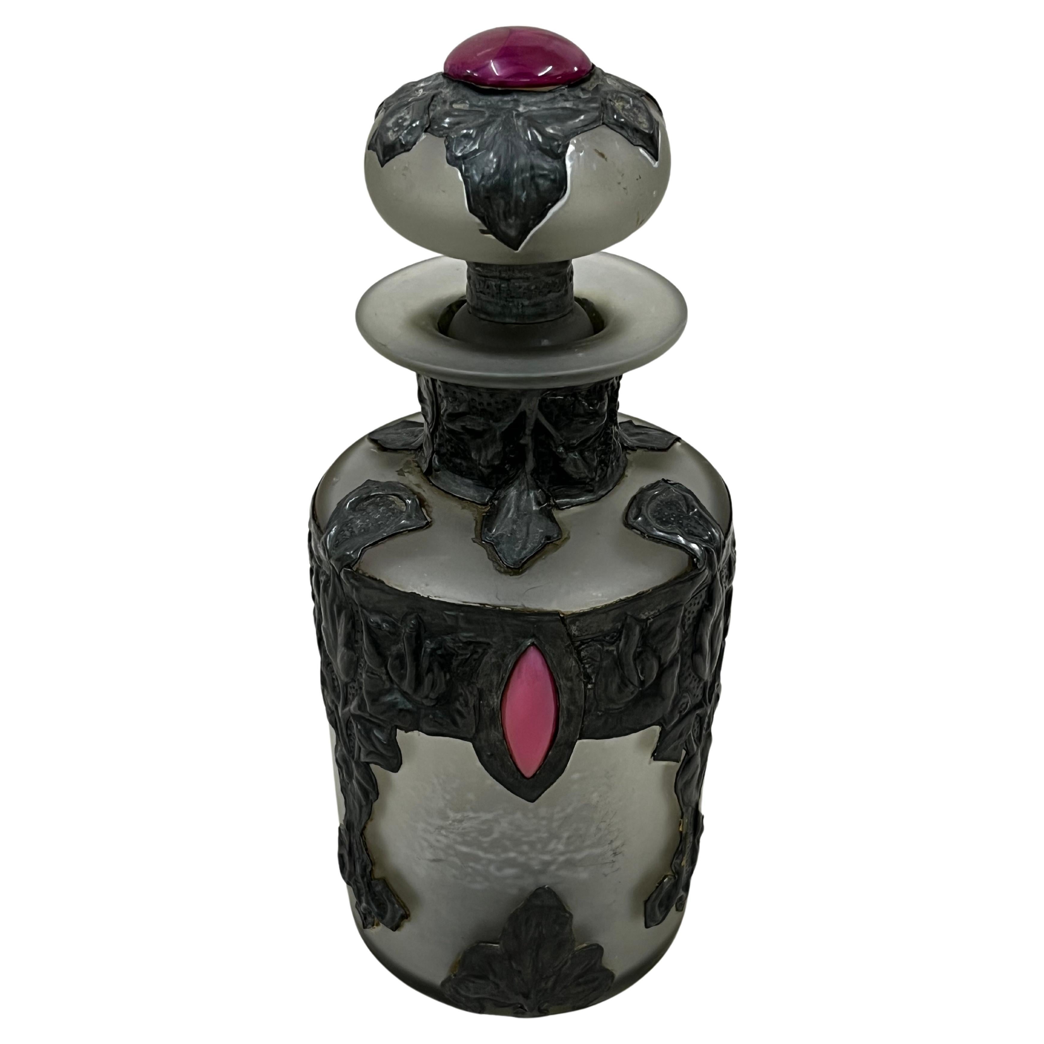 Metal Perfume bottle, flacon, frosted glass metal mounting, signed, 1910, France