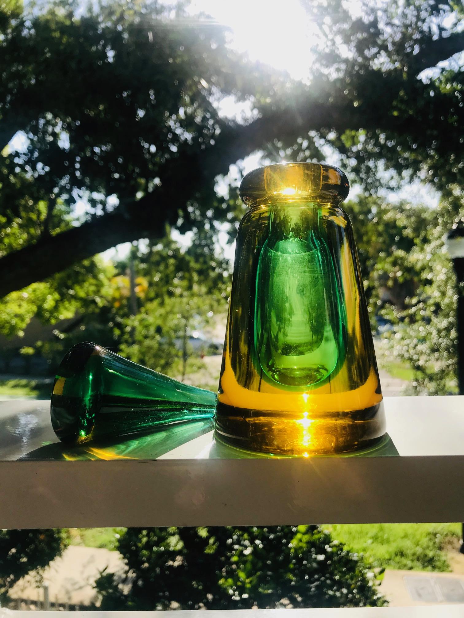 Mid-Century Modern Teardrop Perfume Bottle in Green and Yellow Murano Glass by Flavio Poli, c. 1960