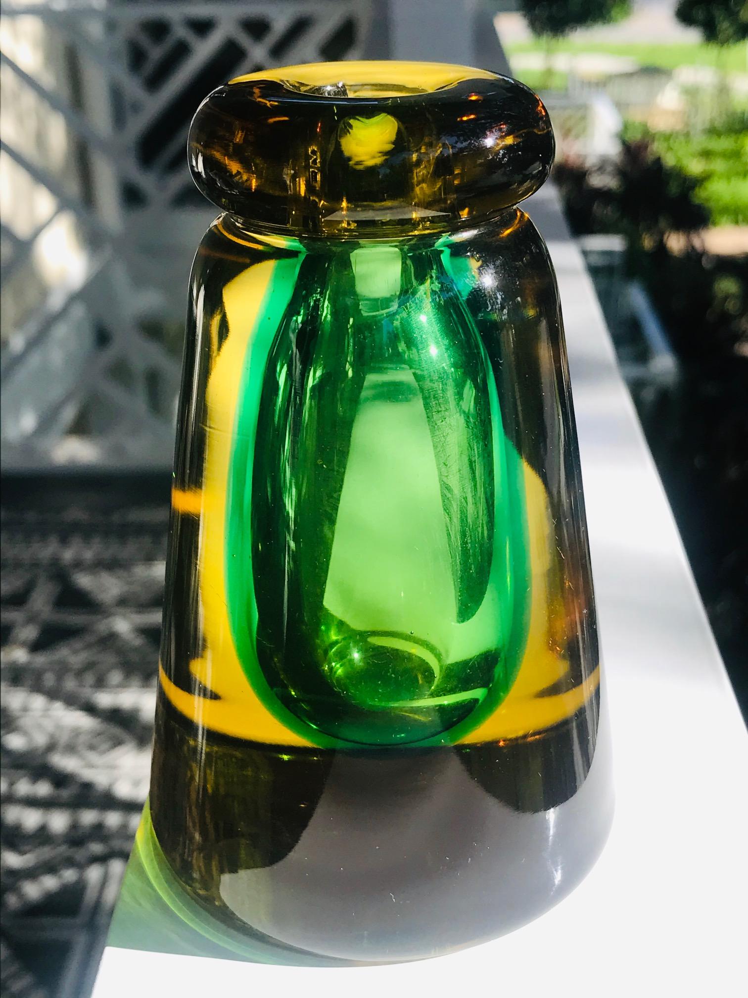 Mid-20th Century Teardrop Perfume Bottle in Green and Yellow Murano Glass by Flavio Poli, c. 1960