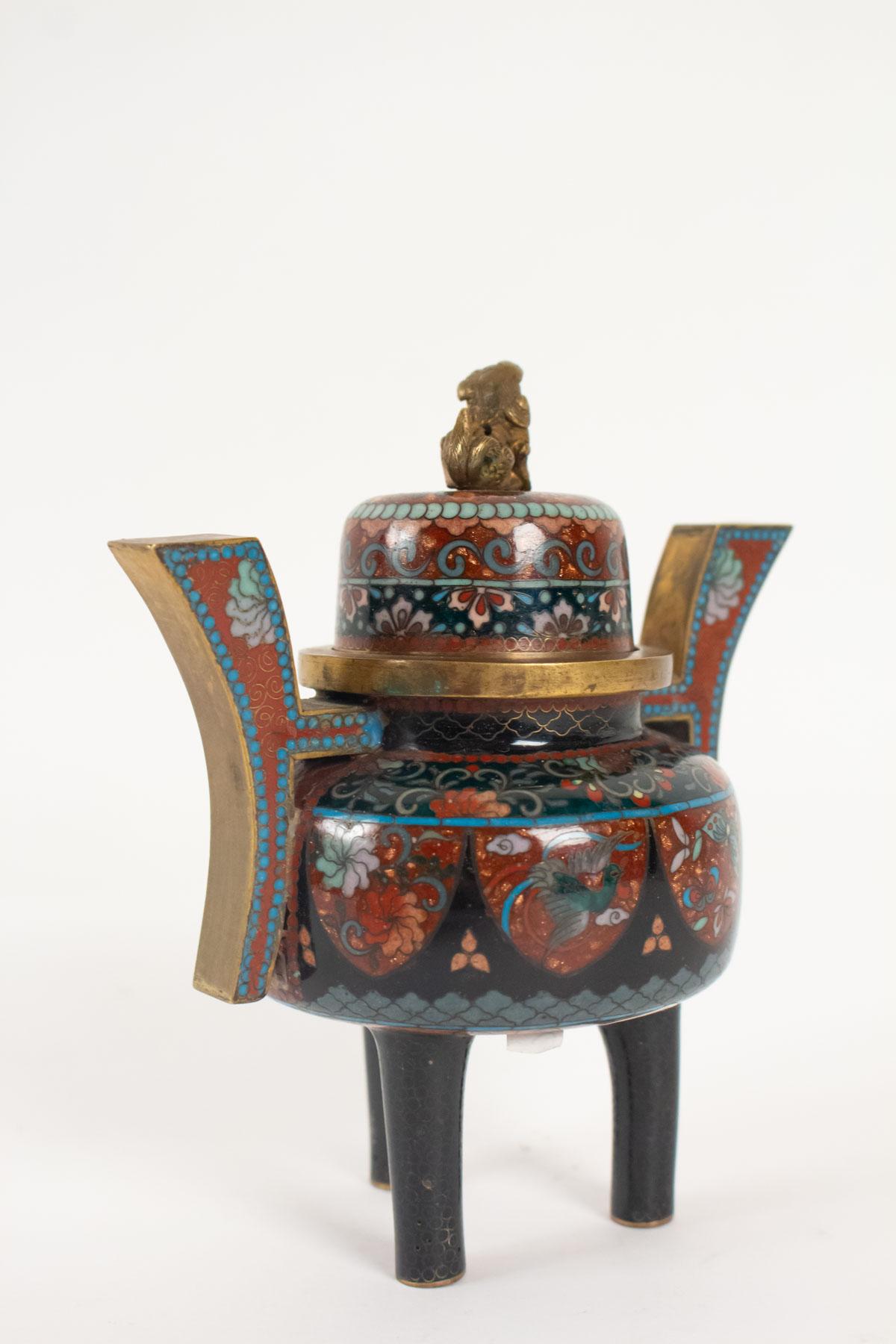 Asian Perfume Burner in Copper Decor Cloisonné Enamels, Topped of a Fo Dog, Japan