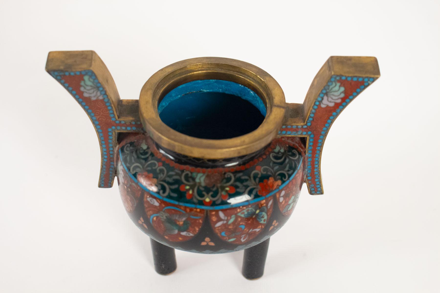 Cloissoné Perfume Burner in Copper Decor Cloisonné Enamels, Topped of a Fo Dog, Japan