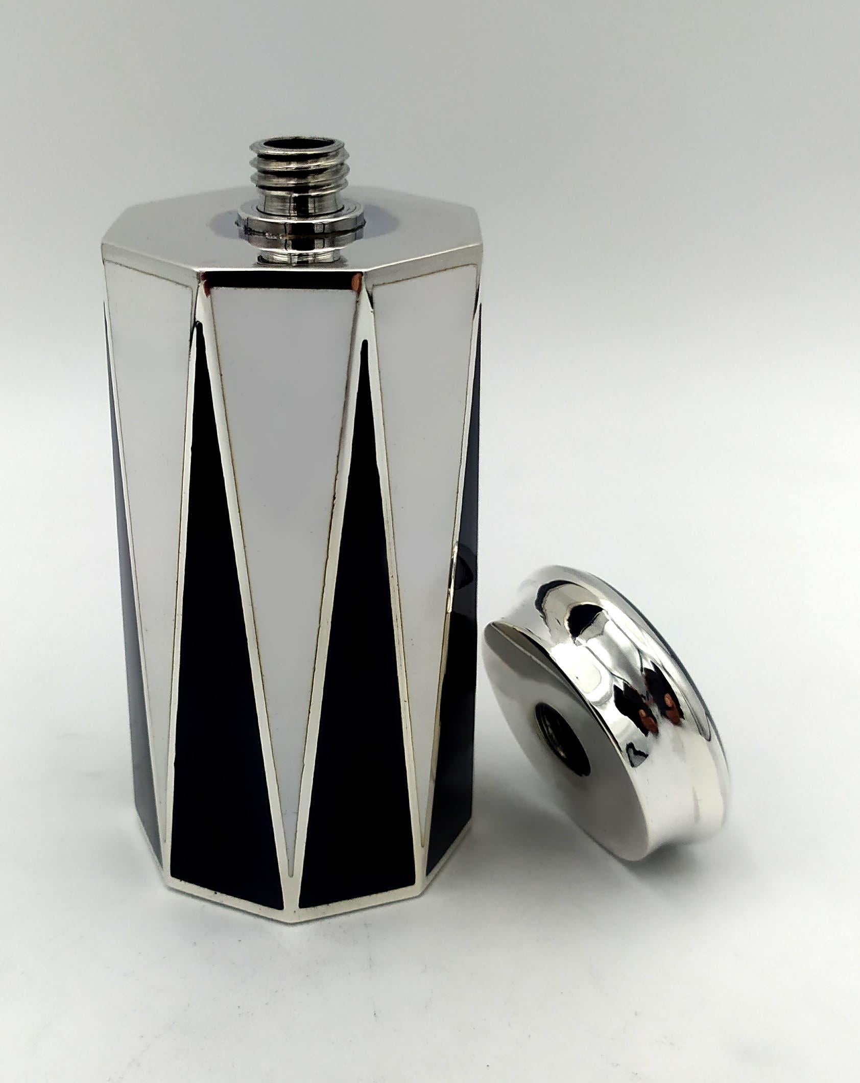 Sterling Silver Perfume Holder Black and White Art Deco style octagonal base 925 Salimbeni For Sale