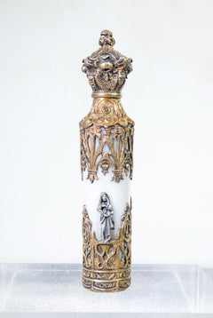 Perfume Holder Vial in Neo-Gothic Style, Vermeil Silver, Opaline Glass, 19th C