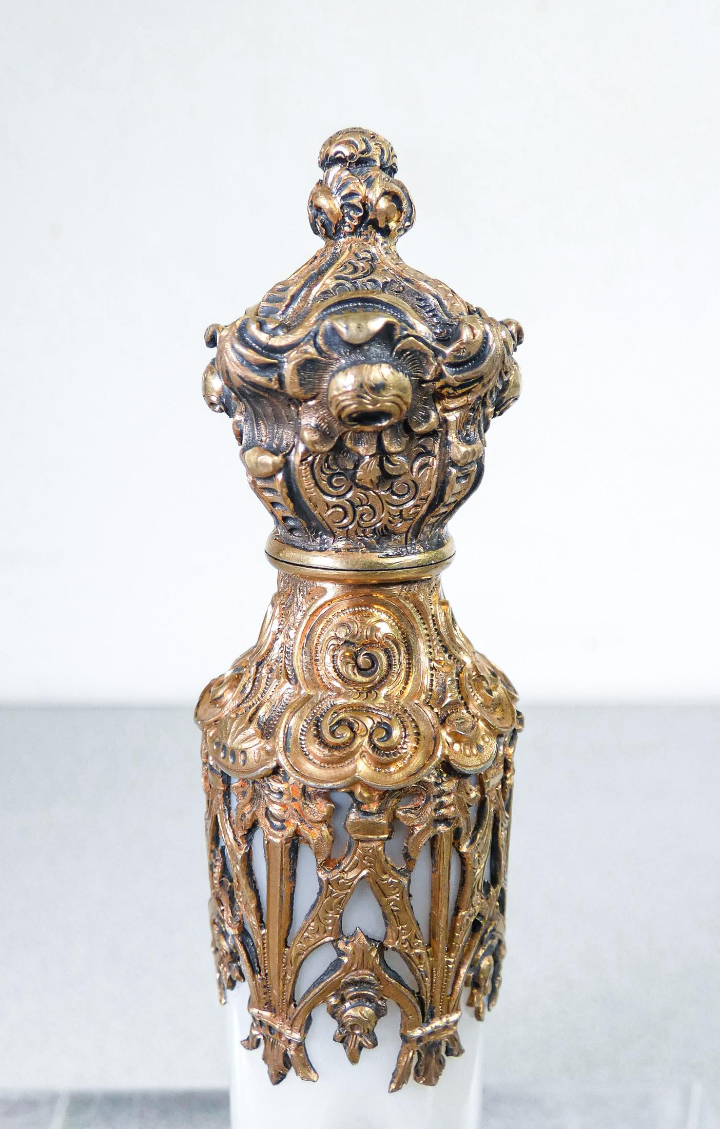 19th Century Perfume Holder Vial in Neo-Gothic Style, Vermeil Silver, Opaline Glass, 19th C For Sale