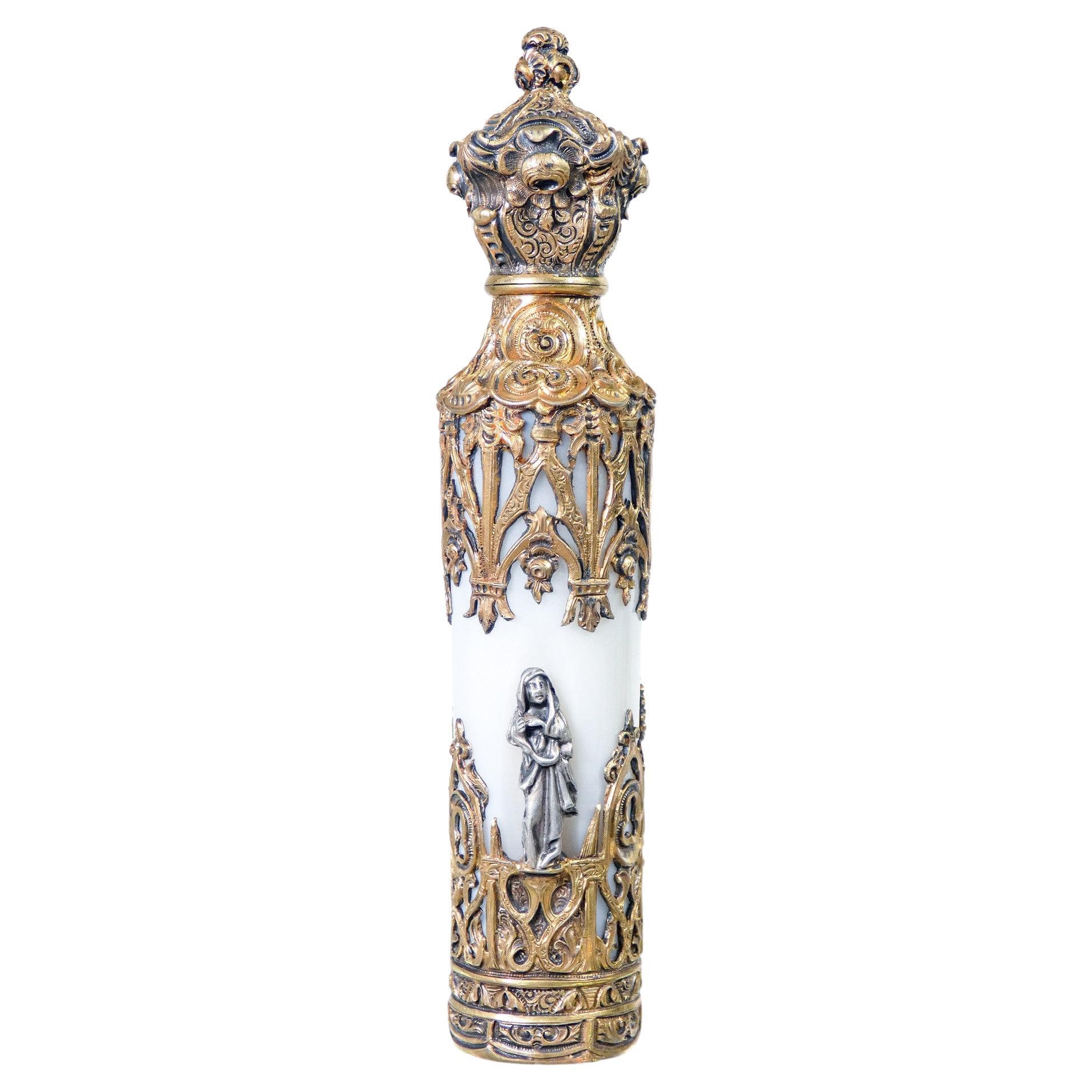 Perfume Holder Vial in Neo-Gothic Style, Vermeil Silver, Opaline Glass, 19th C For Sale