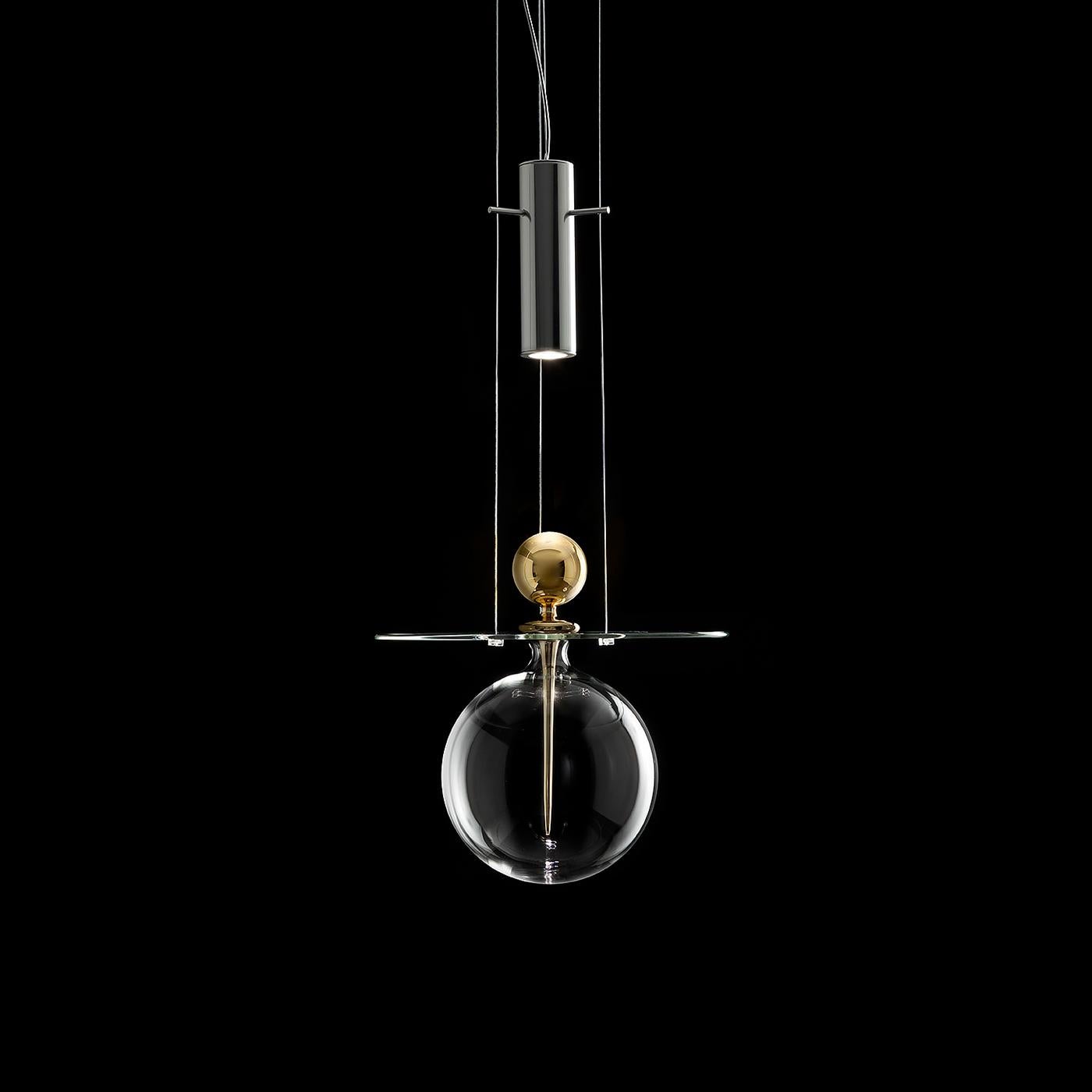Italian Perfume Sphere, Melogranoblu, Suspension Lamp, Blown Glass, Anodized Aluminum For Sale
