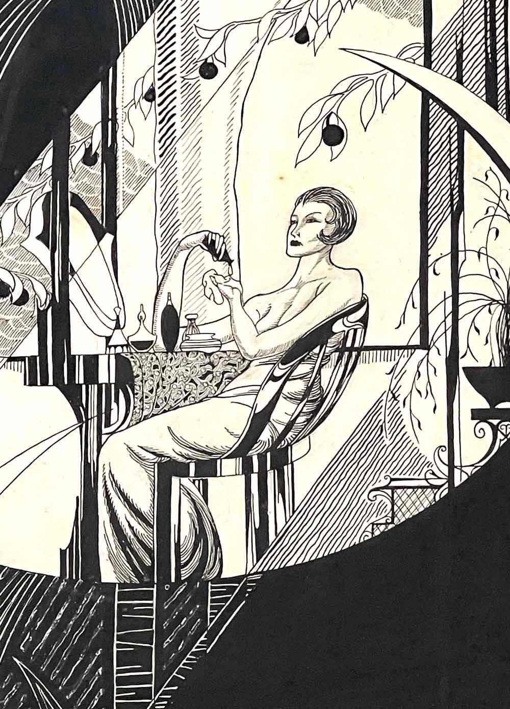 Diese bravouröse Tuschezeichnung, die eine modische Frau zeigt, die an ihrem Frisiertisch sitzt und ein elegantes Parfümfläschchen auf ihr Taschentuch aufträgt, repräsentiert die Verschmelzung von Art Deco und Kubismus in ihrer extravagantesten