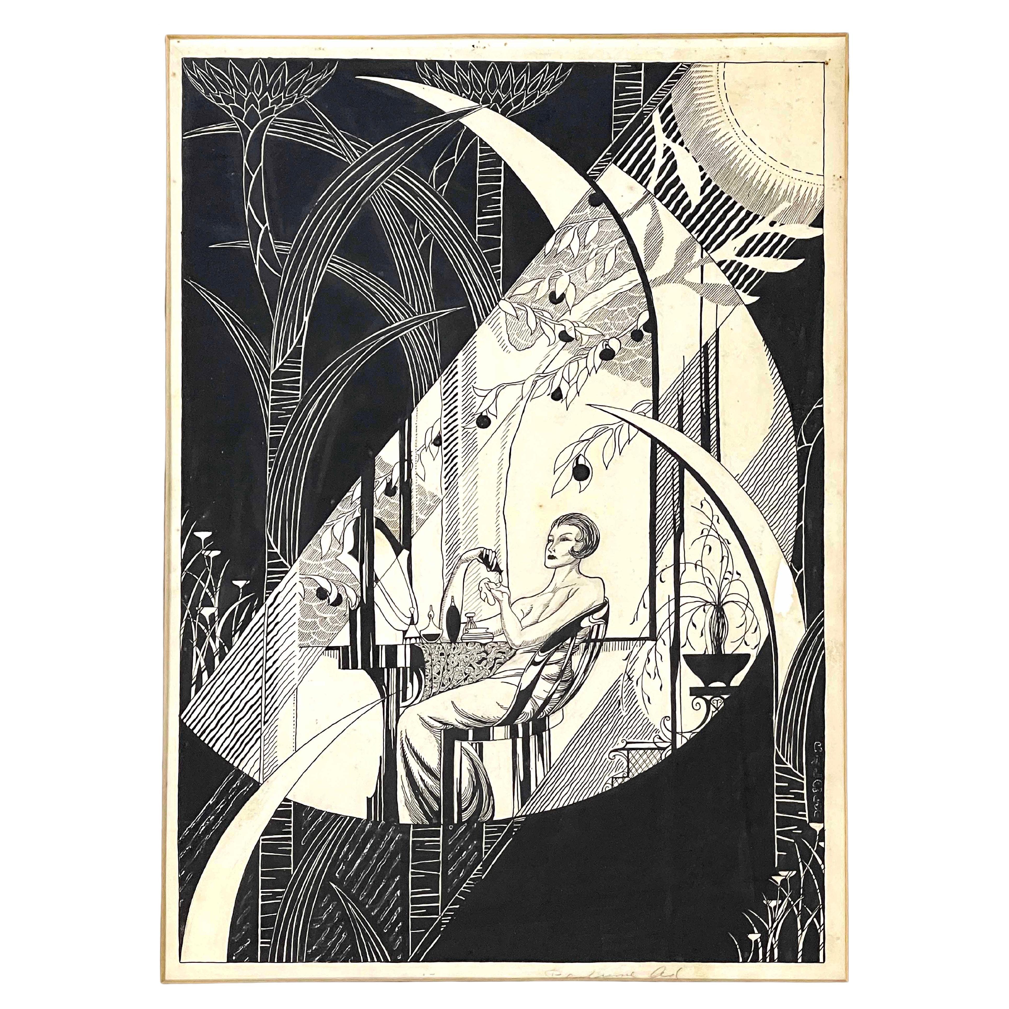 "Perfuming Her Handkerchief", Fabulous Art Deco Ink Drawing, Woman at Her Vanity For Sale