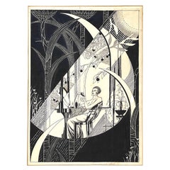 „Perfuming Her Handkerchief“, fabelhafte Art-Déco-Tinte-Zeichnung, Frau im Waschtisch, Frau am Waschtisch