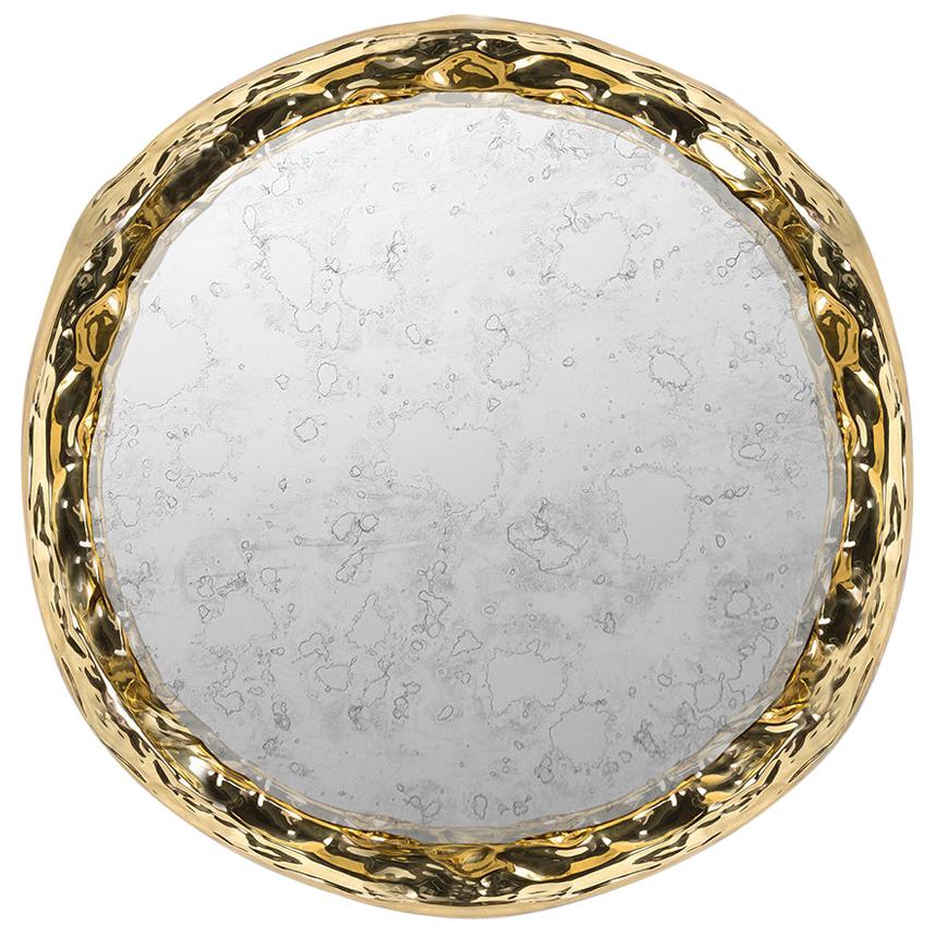 Modern Pergamo Gold Wall Art Mirror, Hammered Polished Brass and Aged Mirror For Sale