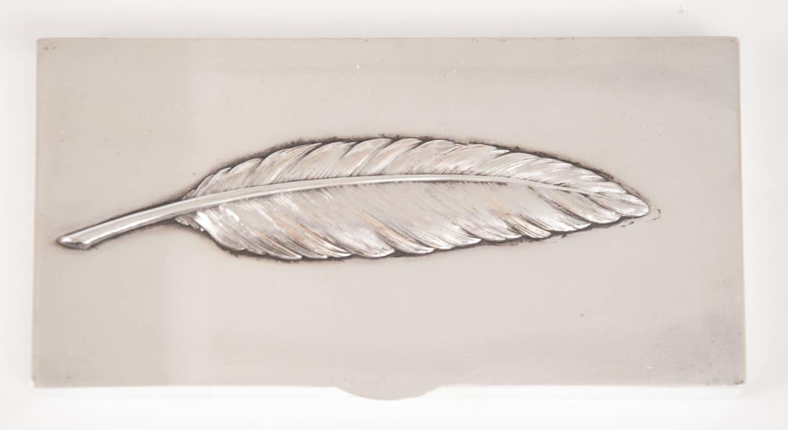 Maria Pergay style silver plated feather box by Deschamps Frères, Paris, circa 1950.