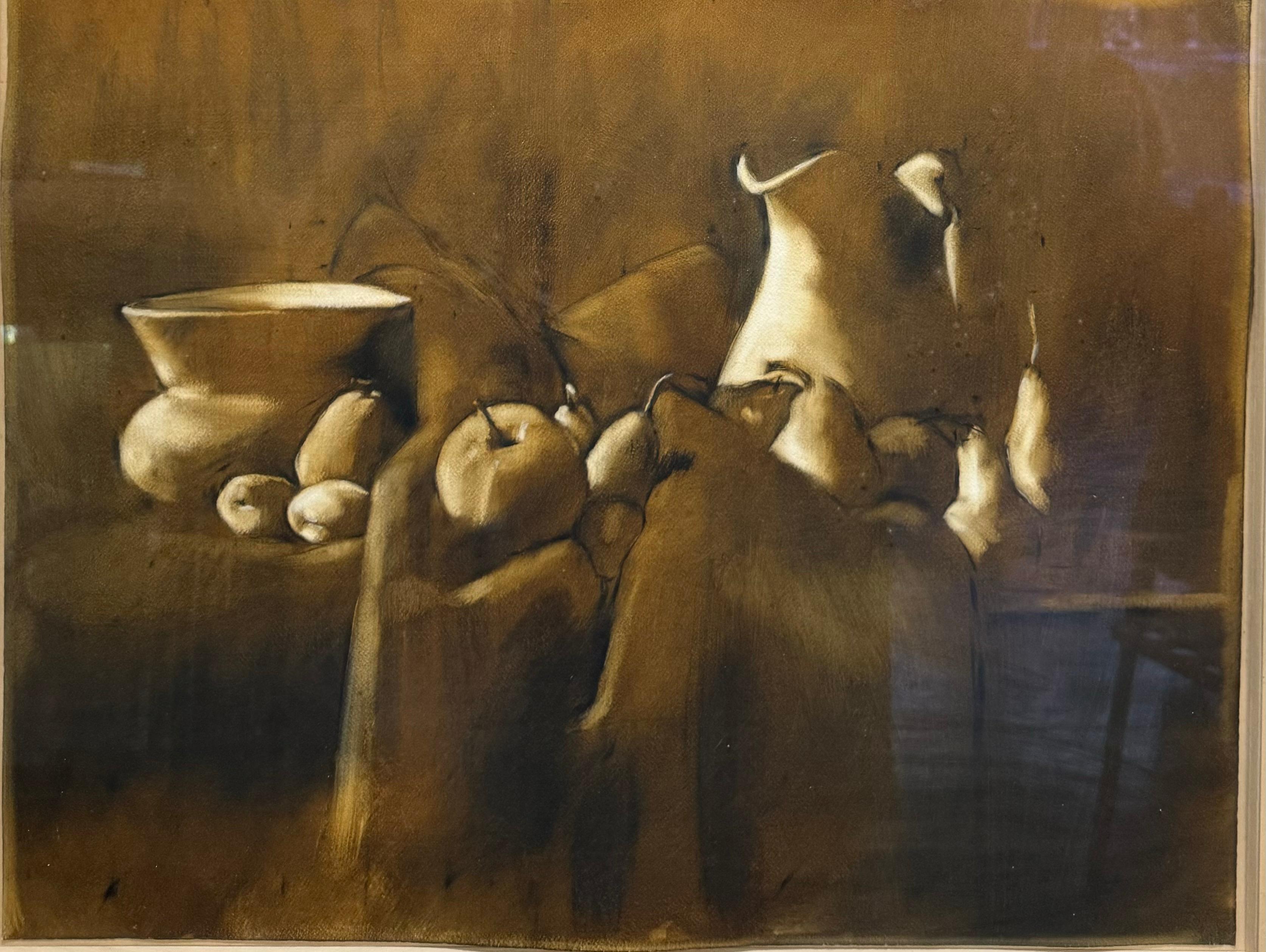 Pittrice astratta americana di sesso femminile Natura morta modernista con frutta GALLERY LABEL - Abstract Painting Marrone di Peri Schwartz