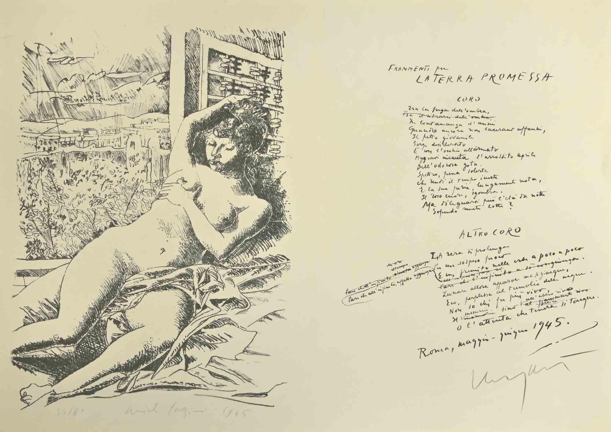 Fragments for the promised land is a modern artwork realized by Pericle Fazzini and Giuseppe Ungaretti

Black and white lithograph realized by Pericle Fazzini with a text by Giuseppe Ungaretti

Good conditions.

The text is hand signed by Giuseppe