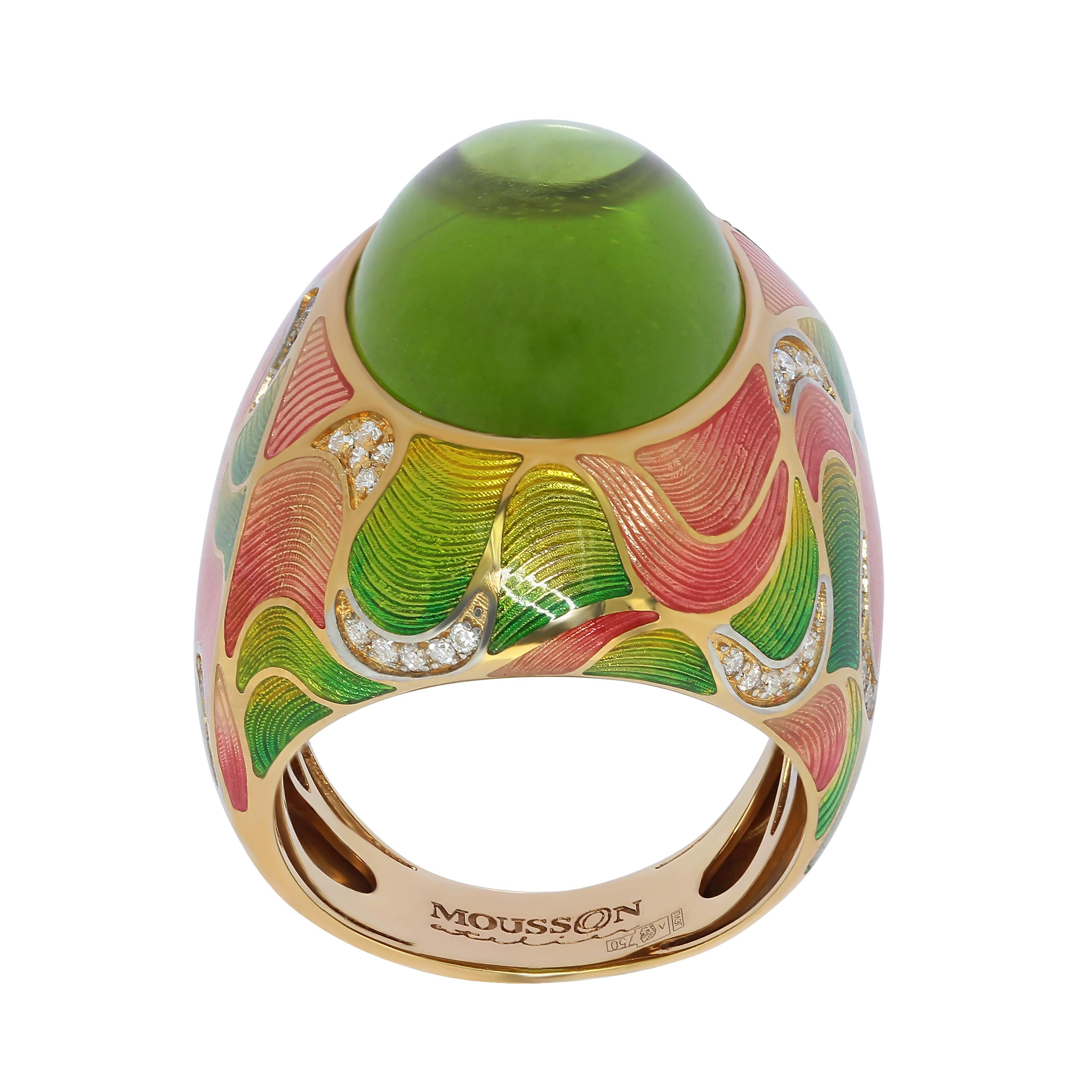 Contemporary Peridot 17.48 Carat Diamonds Enamel 18 Karat Yellow Gold Ring