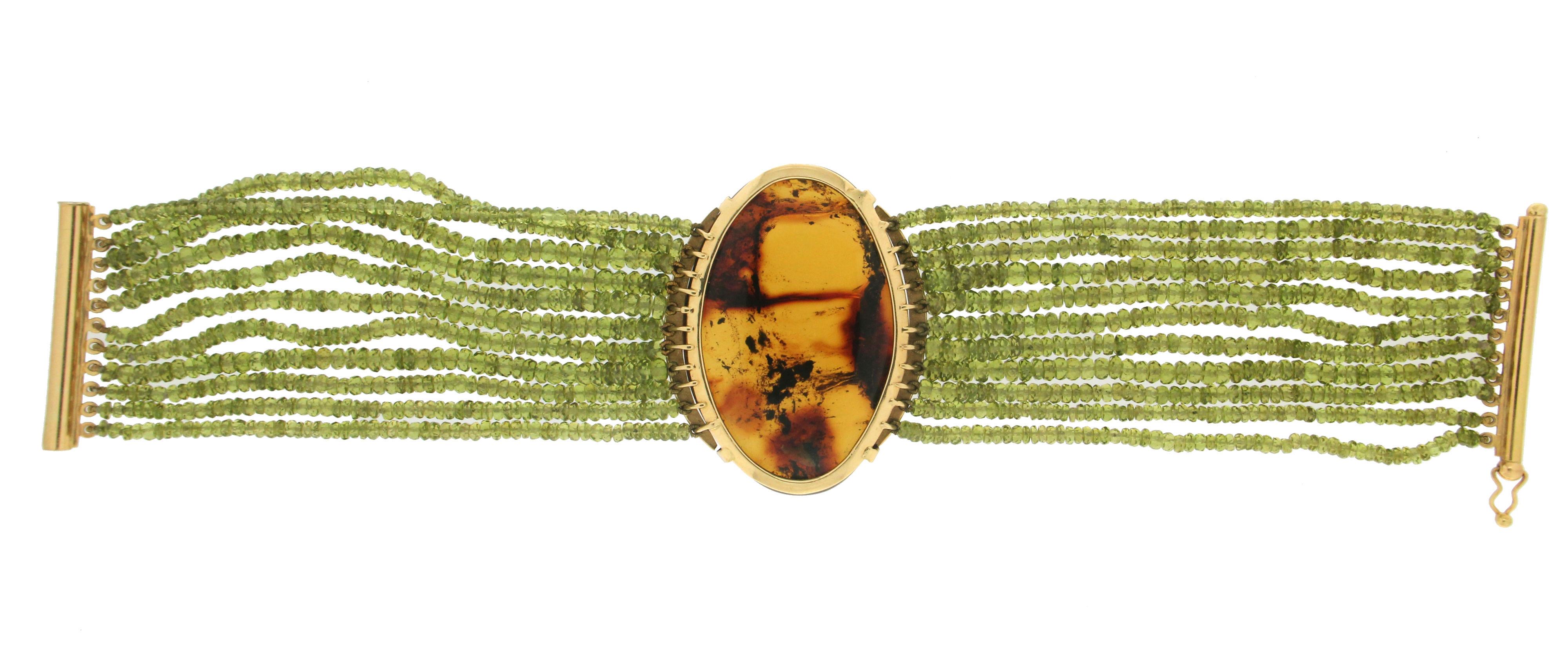 Bead Handcraft Peridot 18 Karat Yellow Gold Amber Cuff Bracelet For Sale