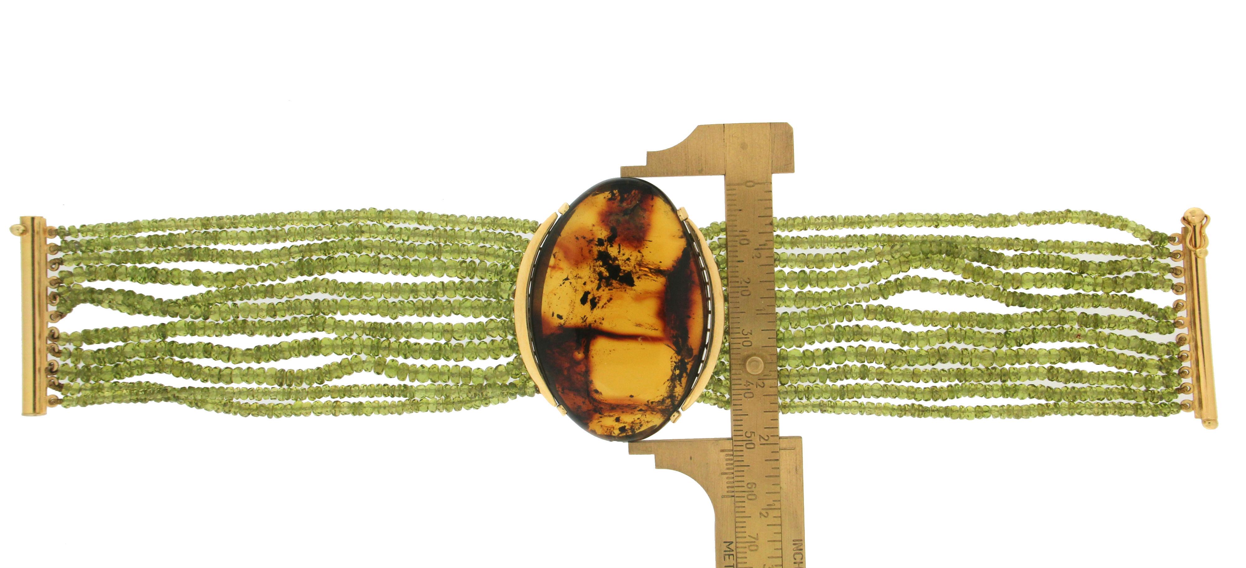 Handcraft Peridot 18 Karat Yellow Gold Amber Cuff Bracelet In New Condition For Sale In Marcianise, IT