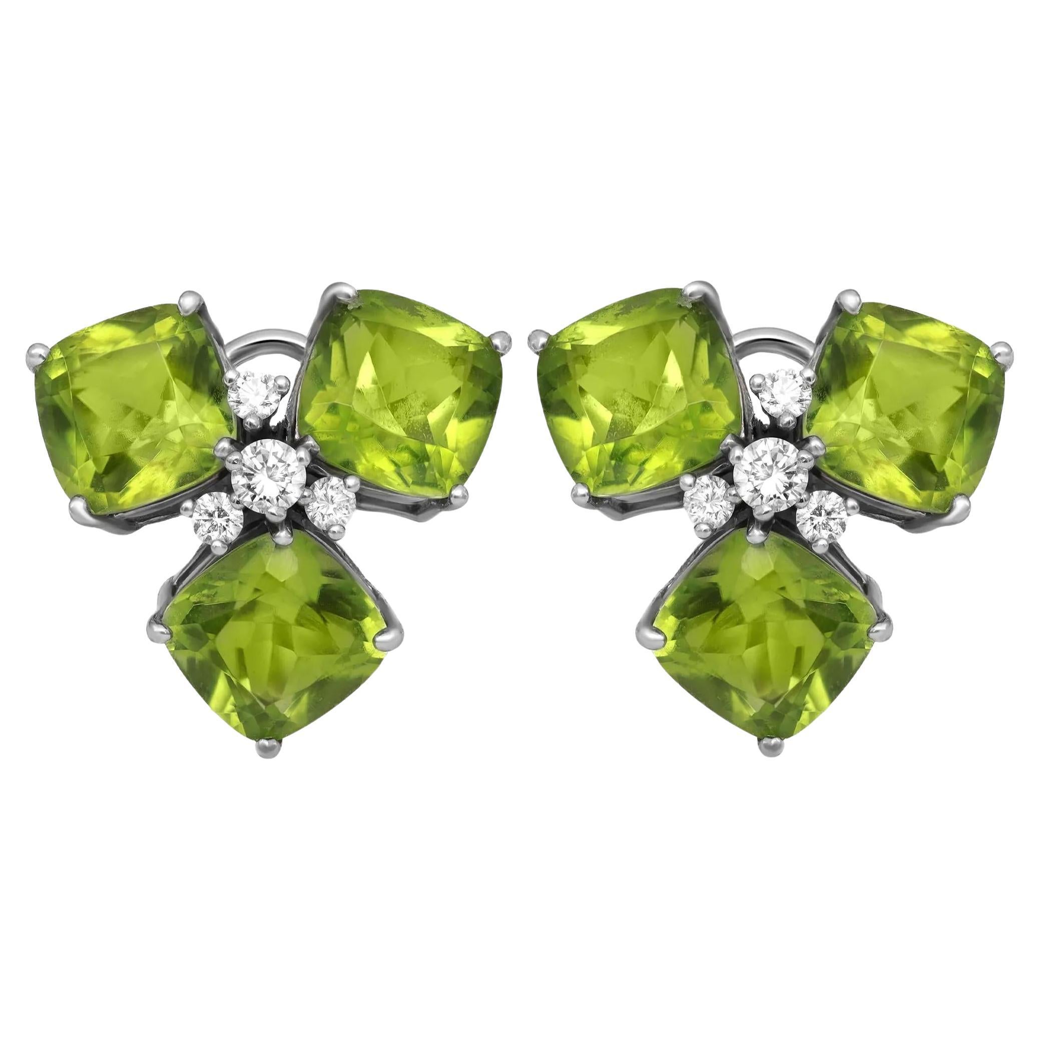 Peridot 18.00Cttw And Diamond 0.50Cttw Stud Earrings 18K White Gold